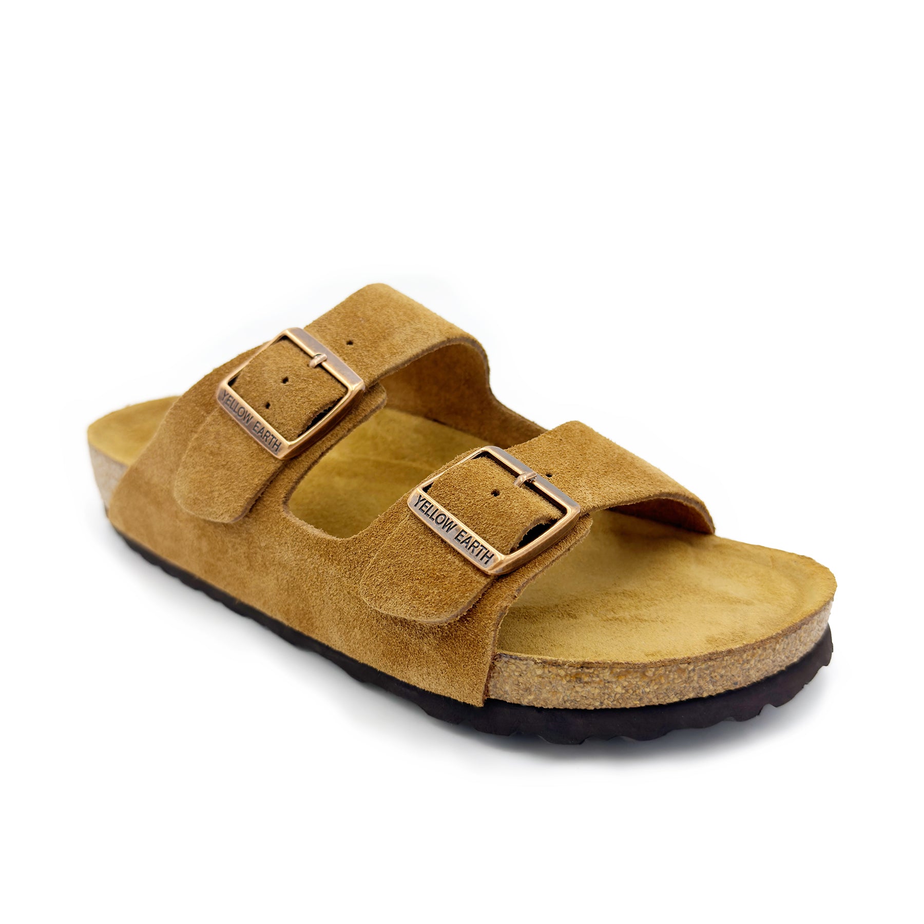 Tan suede two-strap slide sandal with cork footbed, angled side view. - Yellow Earth Australia