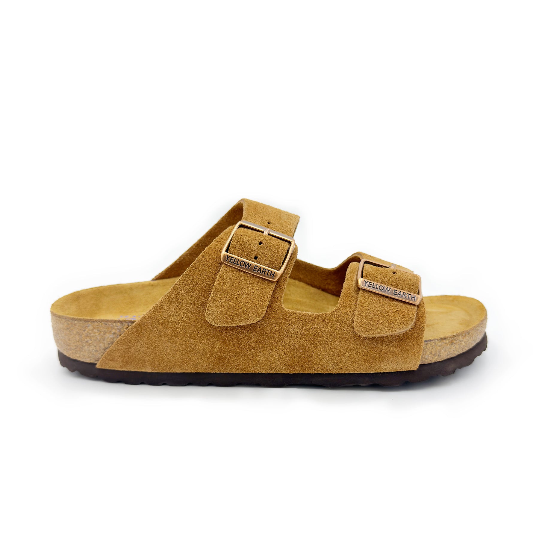 Tan suede double buckle slide sandal with cork sole, side view. - Yellow Earth Australia