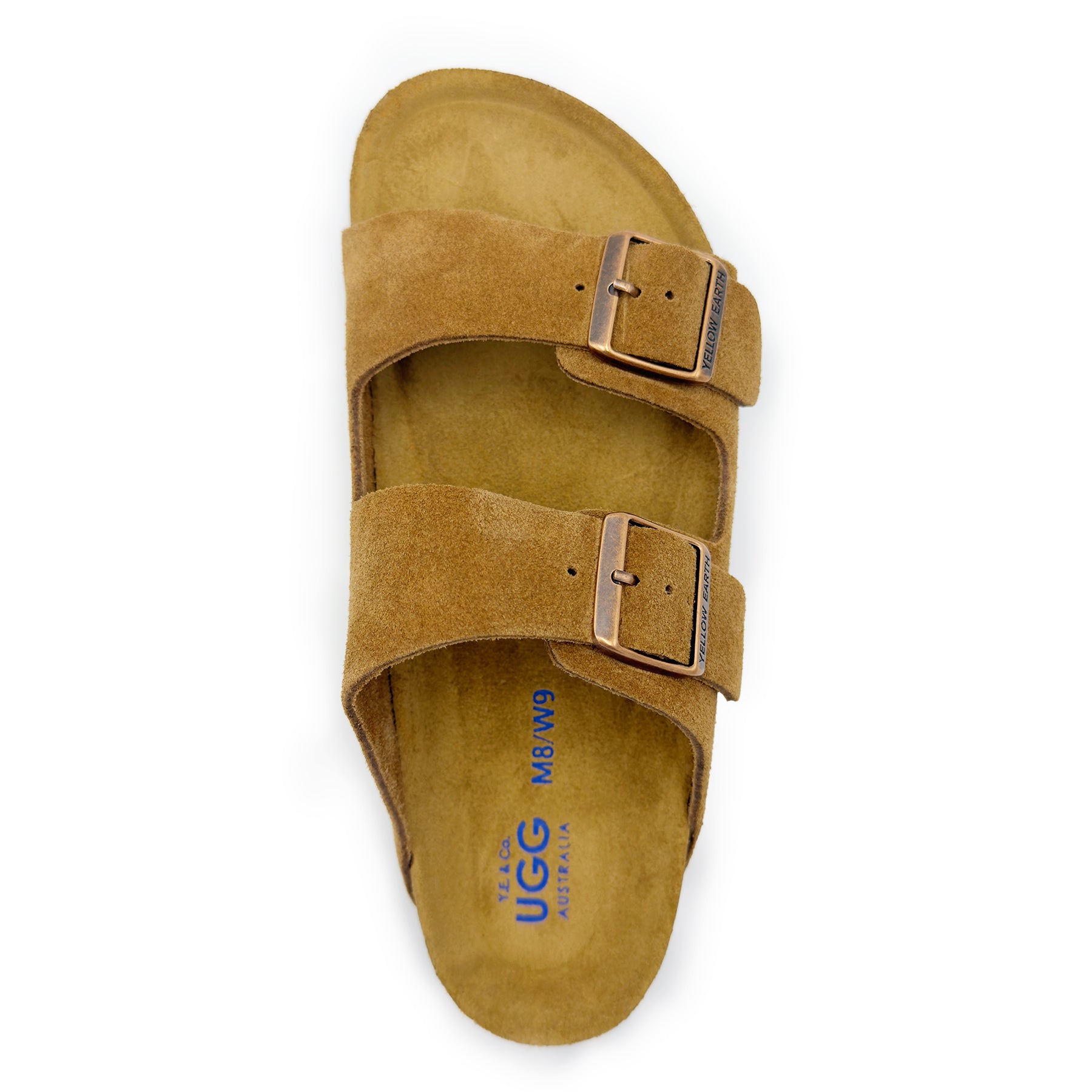 Tan suede two-strap sandal with buckles, top-down view. - Yellow Earth Australia