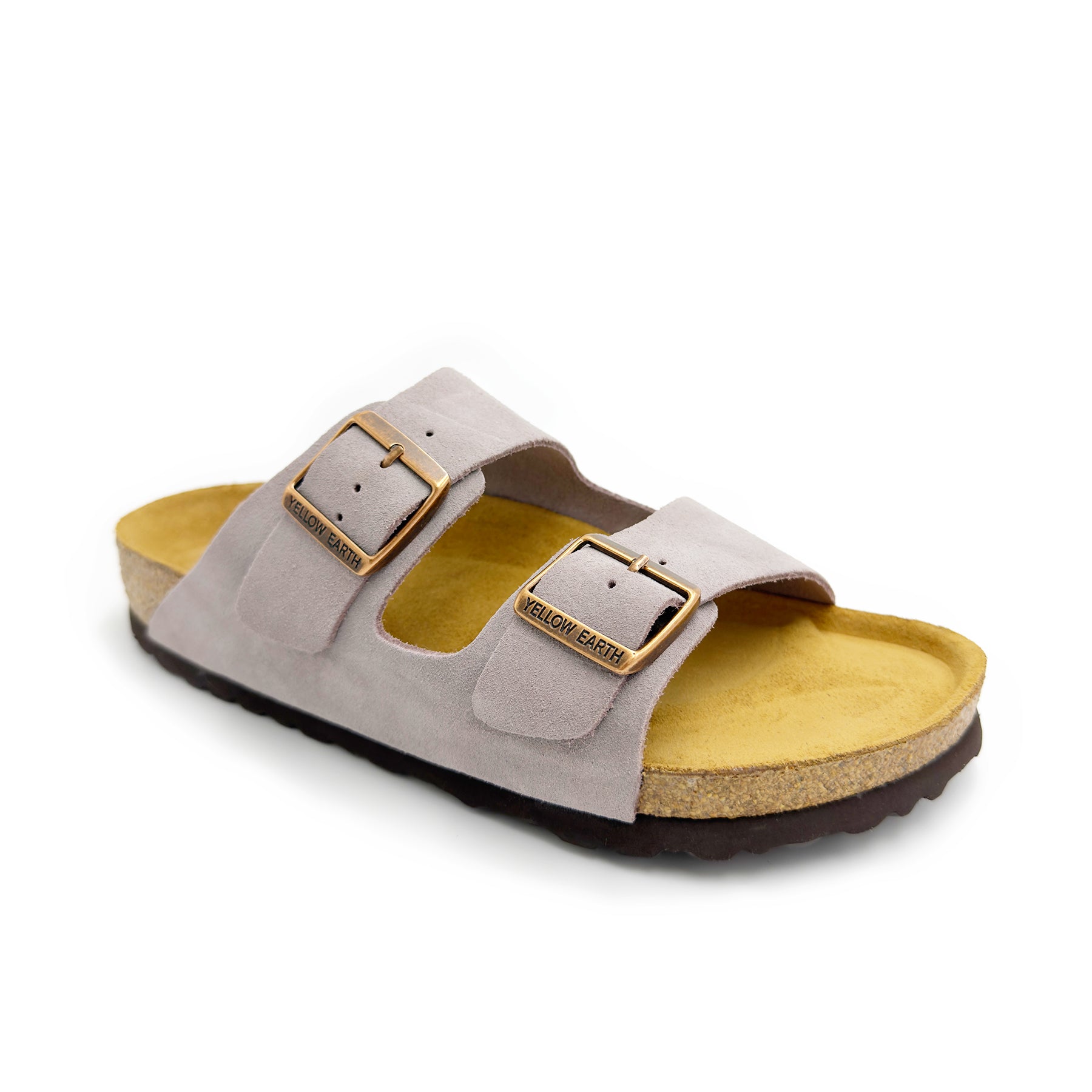 Beige suede two-strap slide sandal with yellow wool footbed, side view. - Yellow Earth Australia