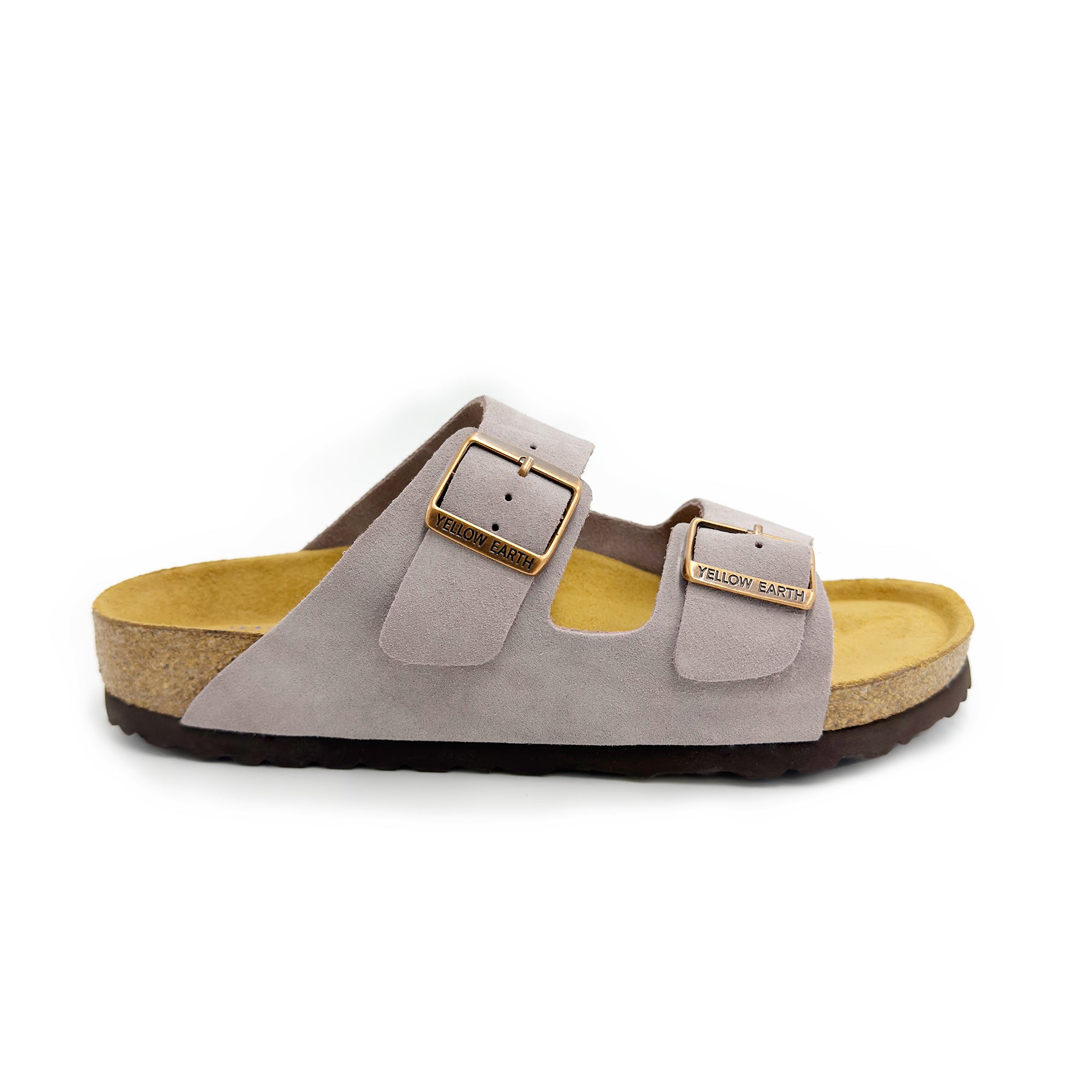 Grey suede two-strap slide sandal with cork footbed, side view. - Yellow Earth Australia
