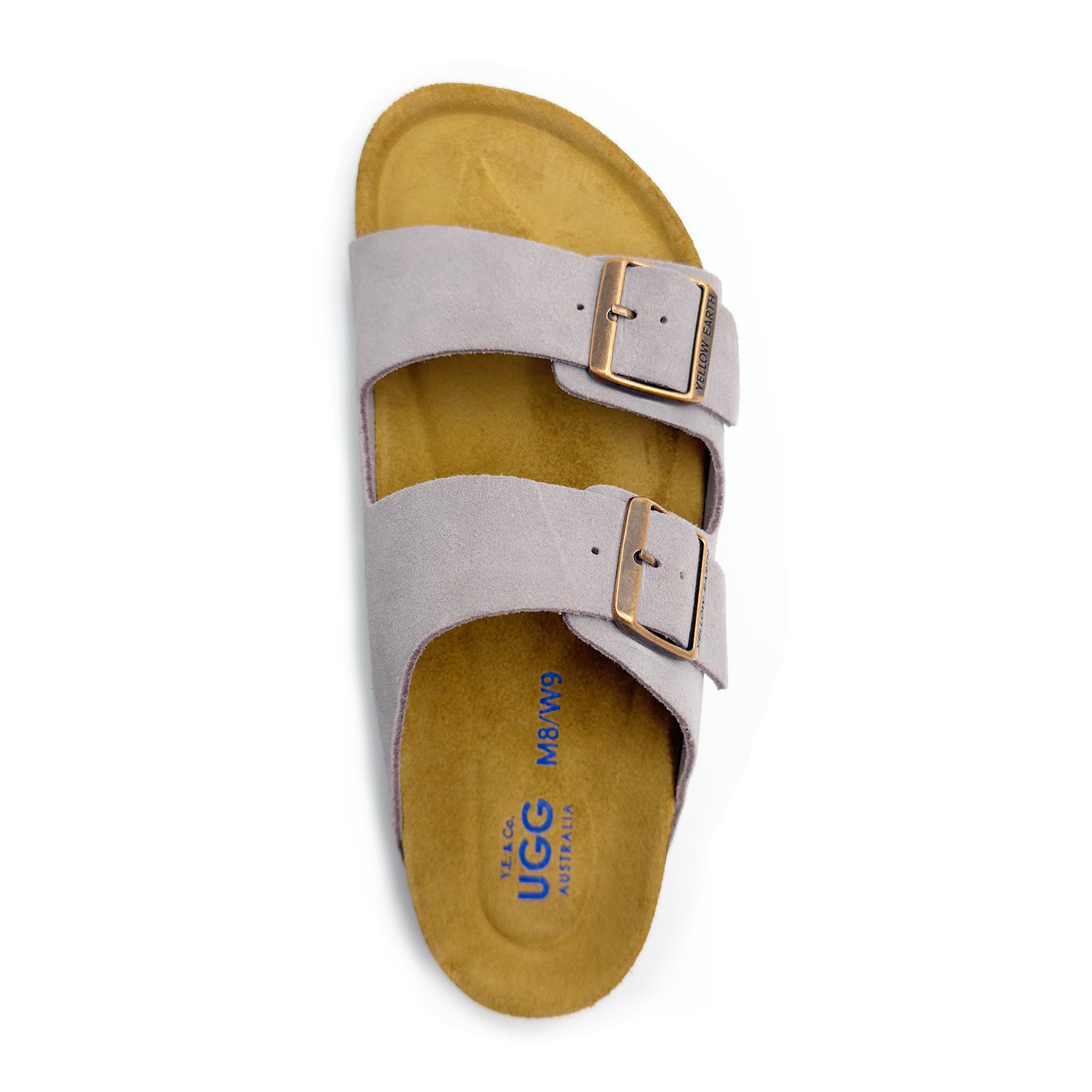 Grey suede double-buckle slide sandal with yellow sheepskin lining, top view. - Yellow Earth Australia
