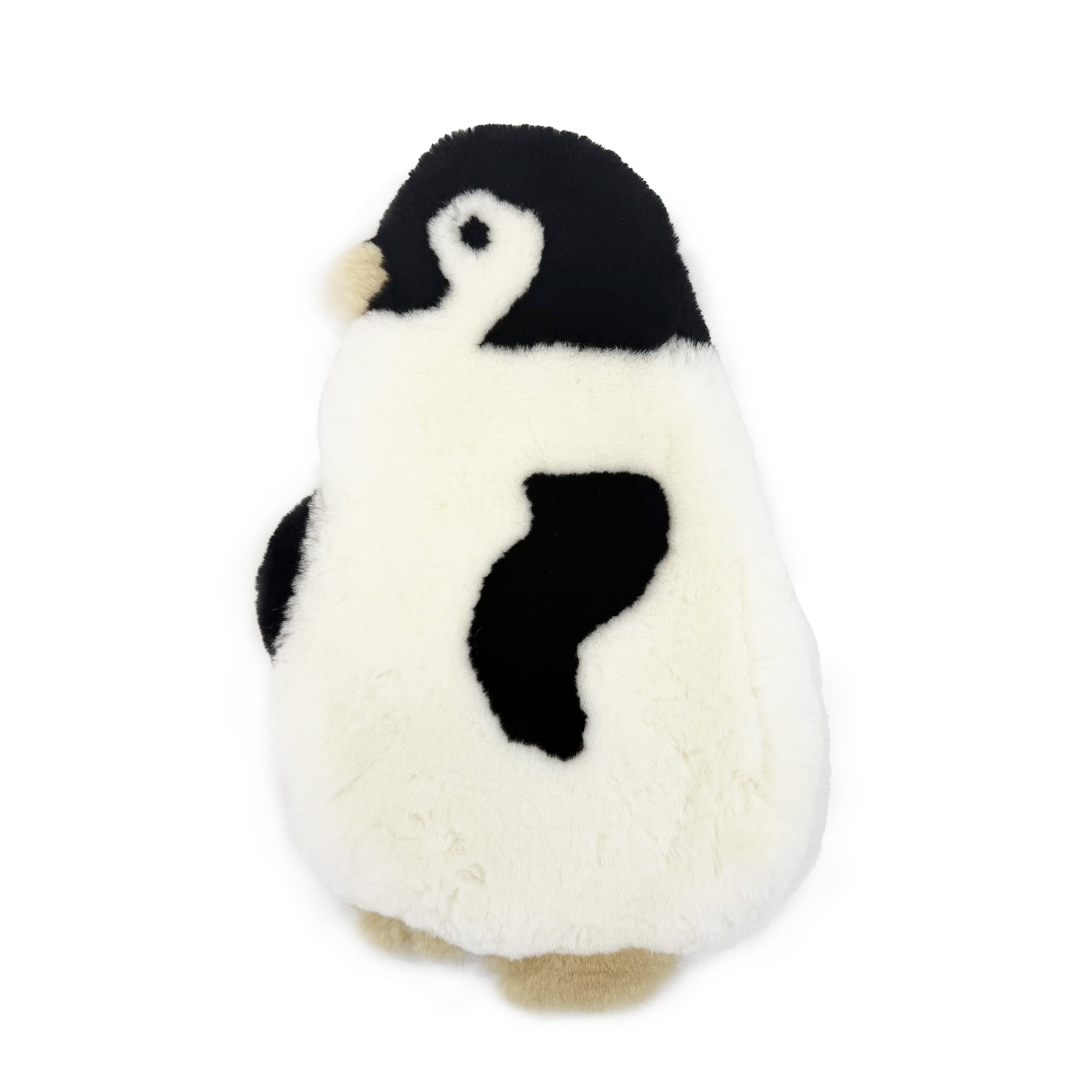 Soft plush penguin chick toy with black and white sheepskin fur, viewed from front. - Yellow Earth Australia