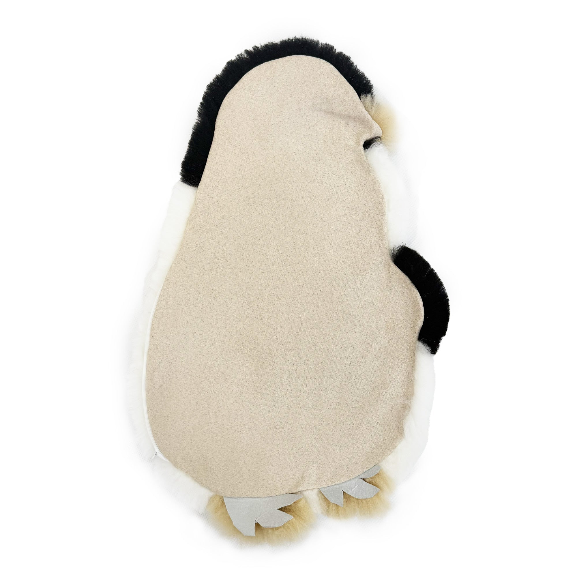 Plush penguin toy with cream body, black and white fur accents, side profile view. - Yellow Earth Australia