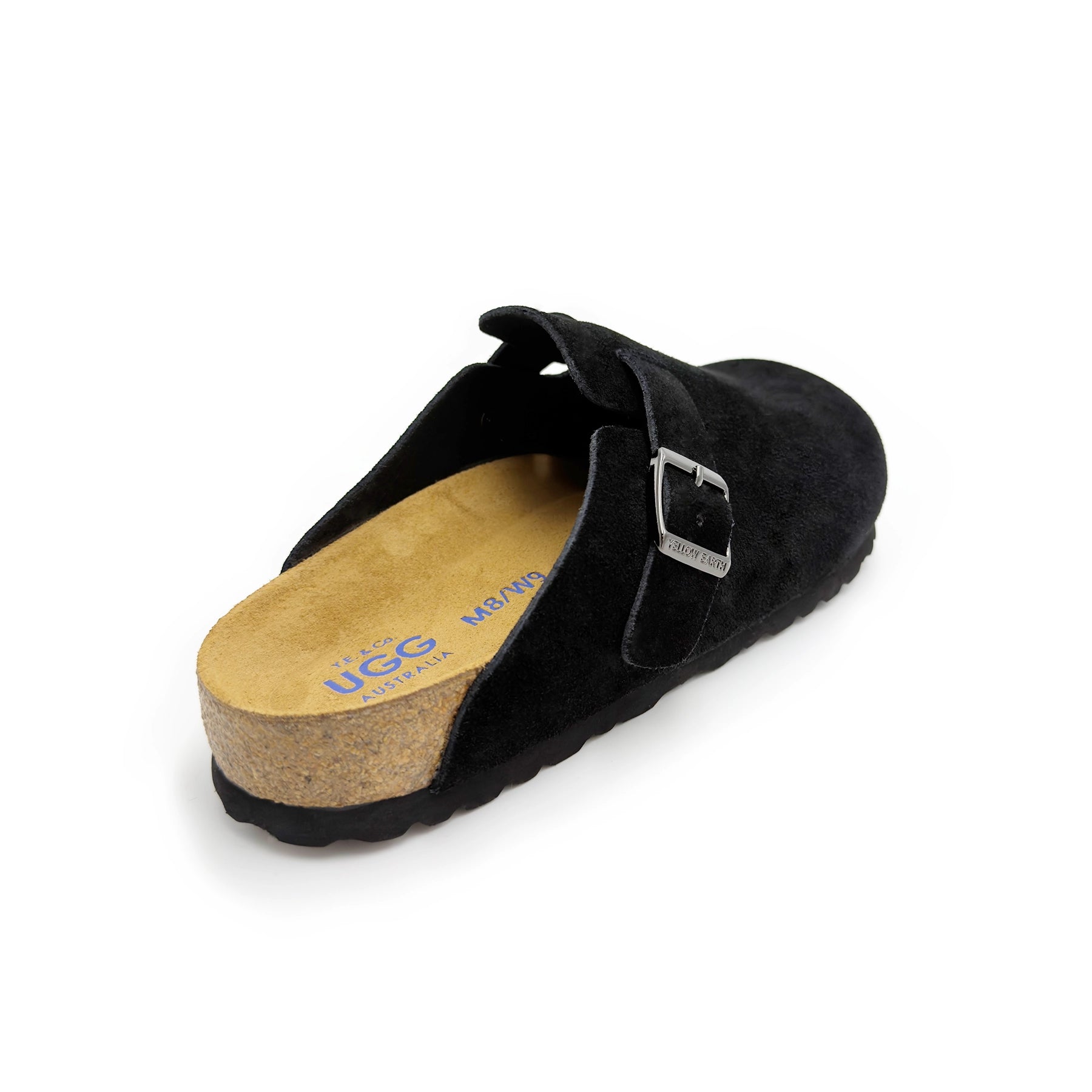 Black suede clog slipper with cork sole, back view on white background. - Yellow Earth Australia
