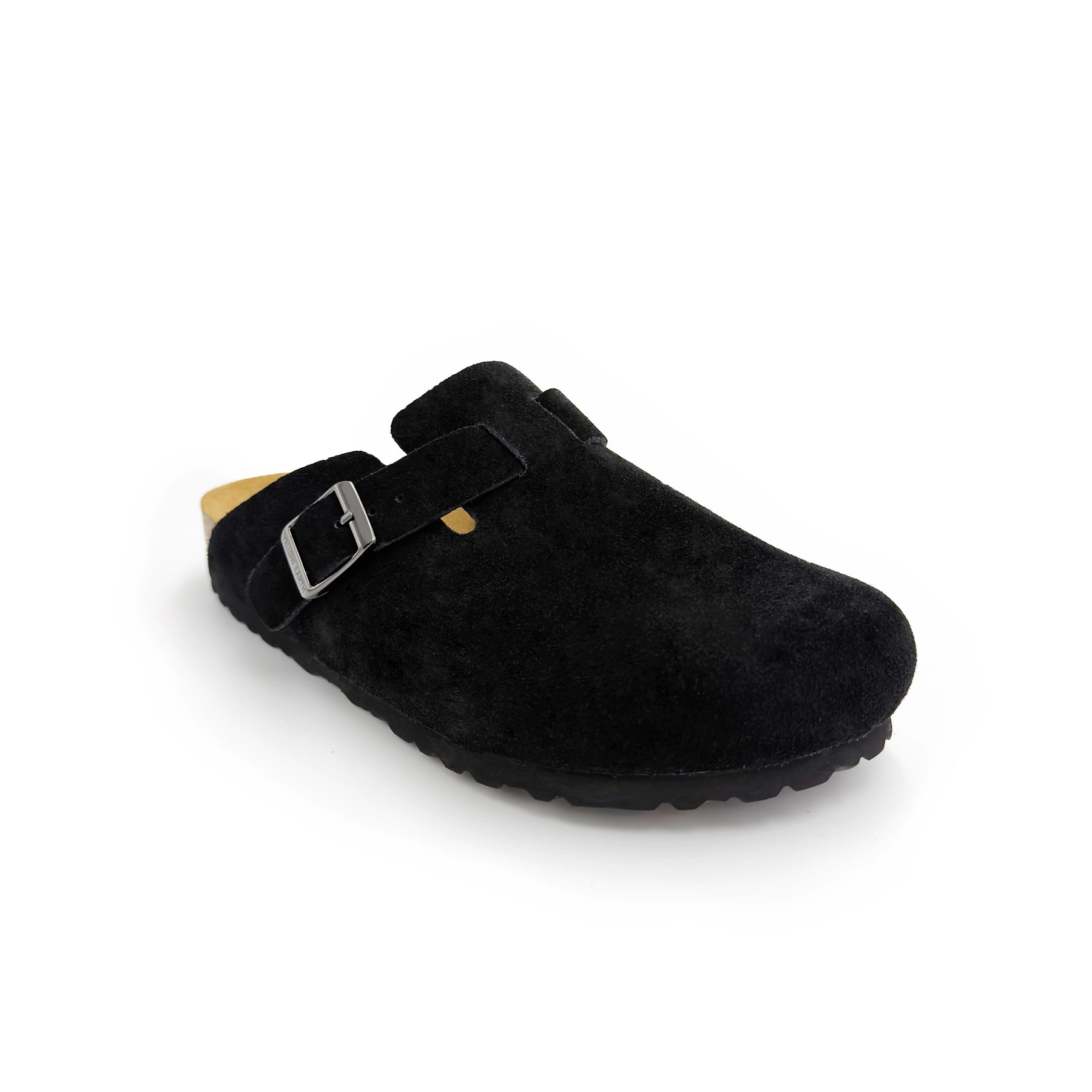 Black suede clog with buckle detail and sheepskin lining, angled side view. - Yellow Earth Australia