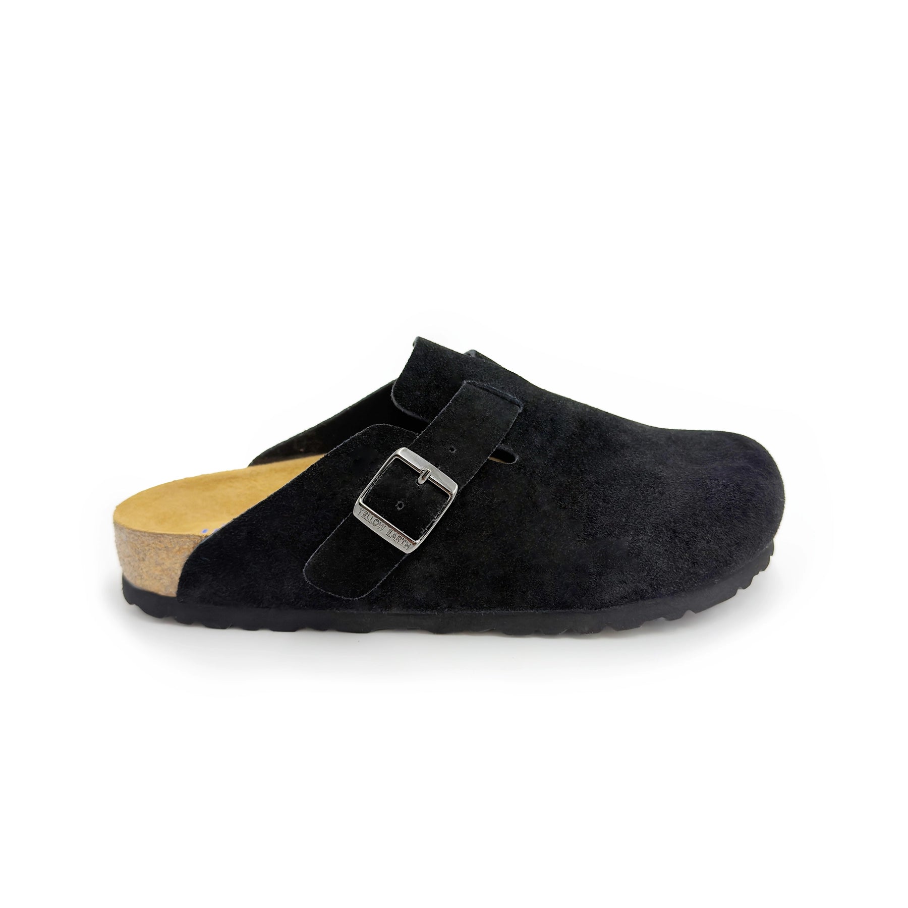 Black suede sheepskin clog with buckle detail, side view. - Yellow Earth Australia