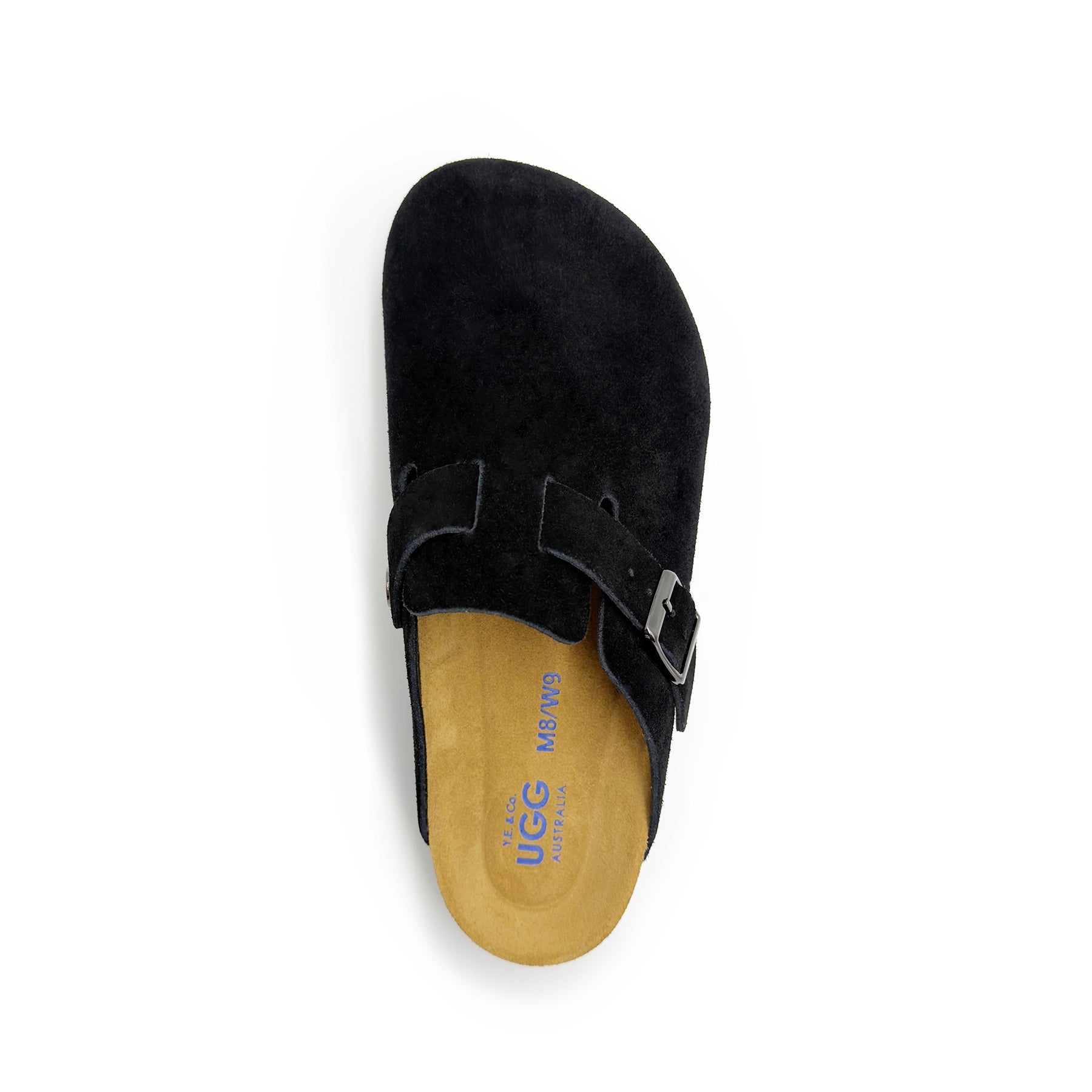 Black suede clog with buckle strap and tan sheepskin lining, top view. - Yellow Earth Australia