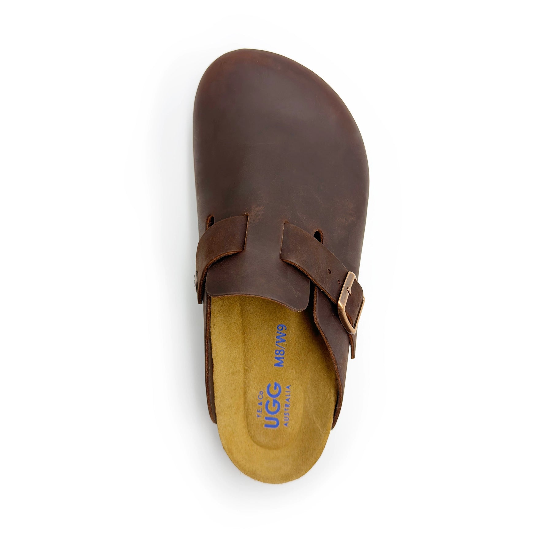 Brown leather clog with buckle strap and sheepskin lining, top view. - Yellow Earth Australia