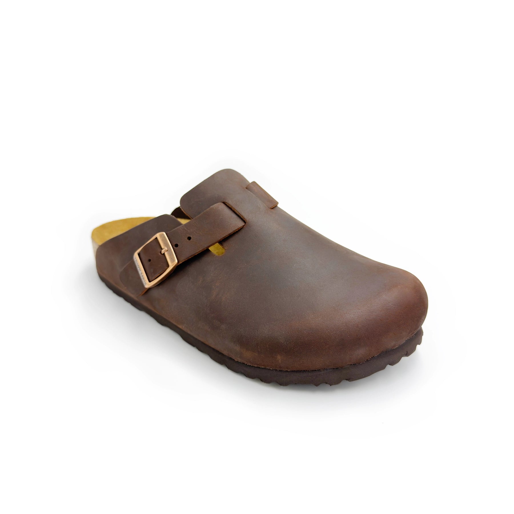 Brown leather clog with buckle strap and sheepskin lining, three-quarter view. - Yellow Earth Australia
