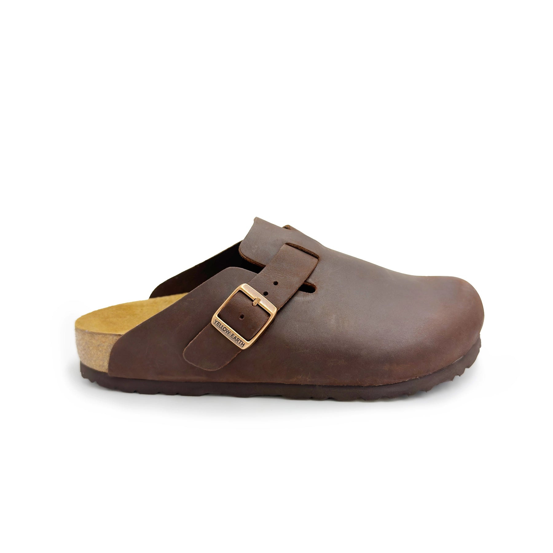 Brown leather clog with buckle strap and suede lining, side view. - Yellow Earth Australia