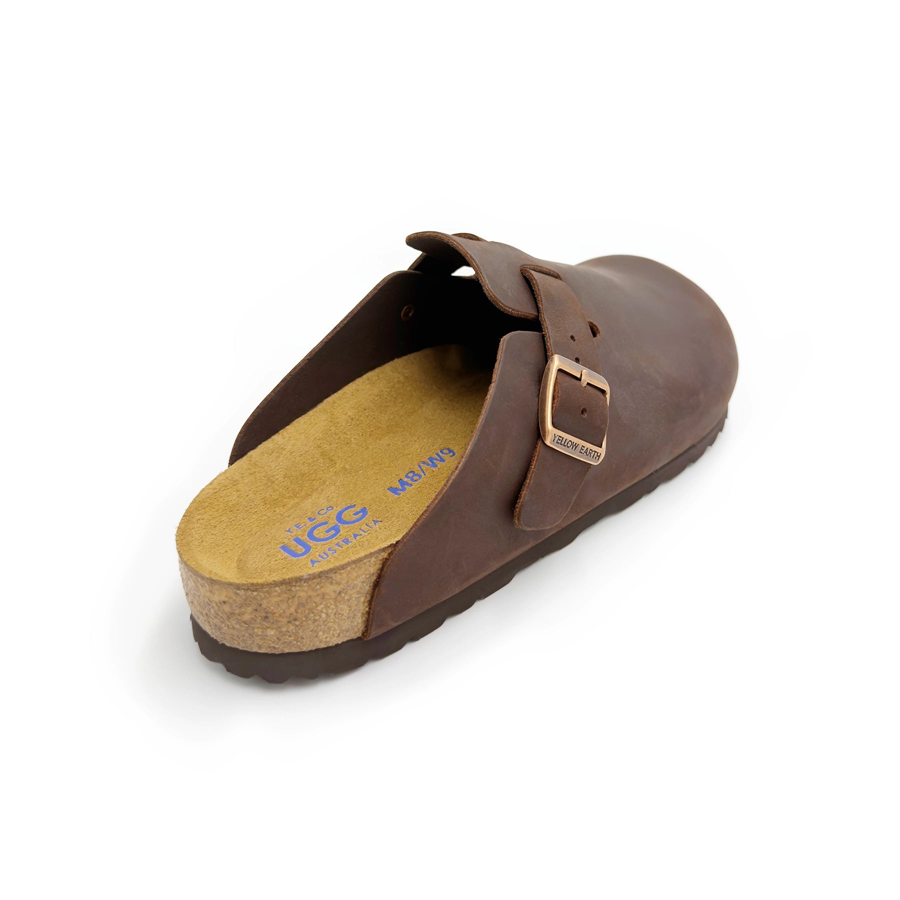 Brown leather clog with cork and sheepskin sole, rear three-quarter view. - Yellow Earth Australia