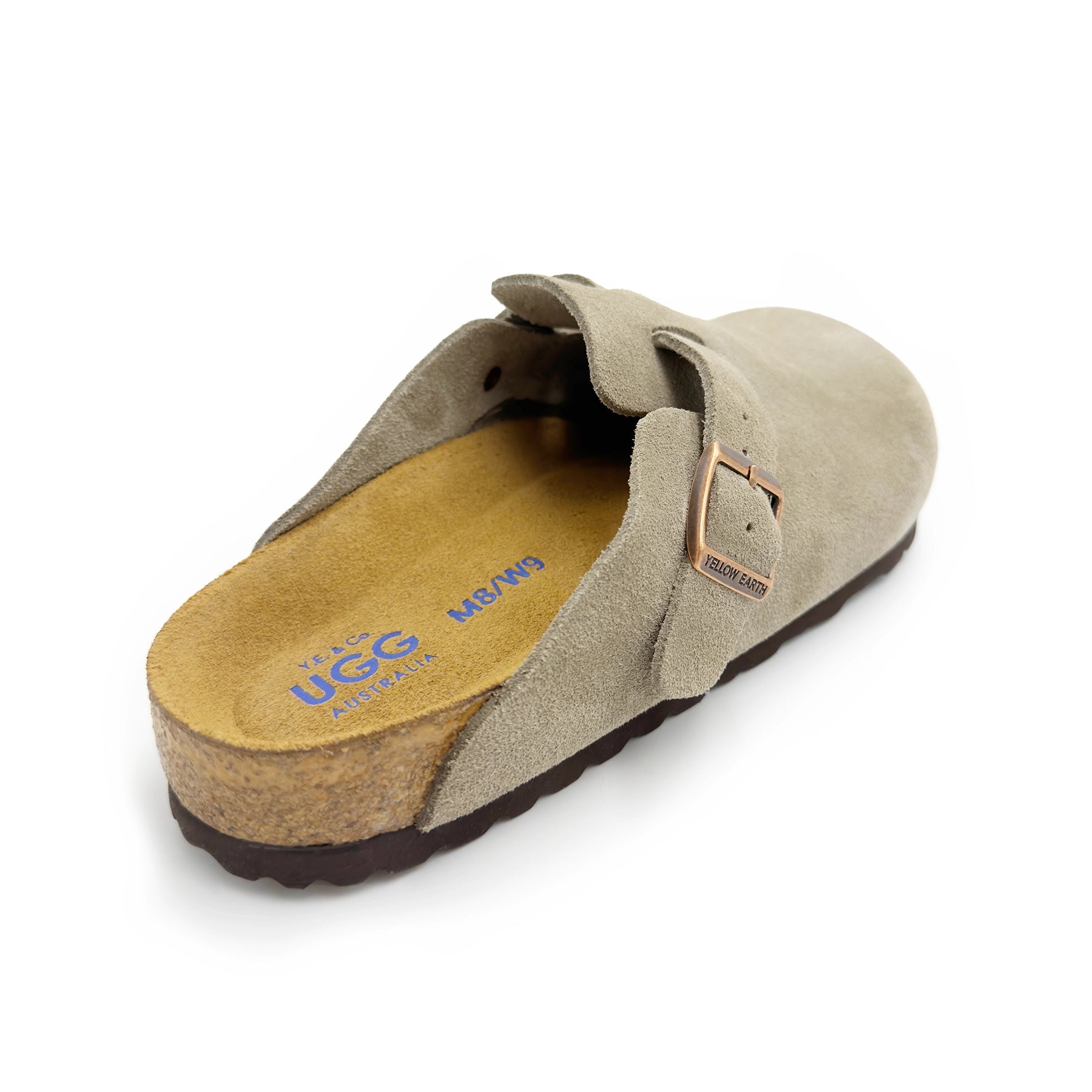 Beige suede clog mule with cork sole, top view showing buckle detail. - Yellow Earth Australia