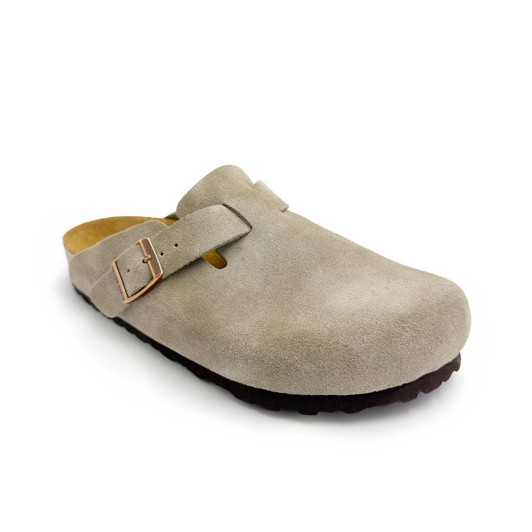 Beige suede clog with copper buckle and dark sole, side view. - Yellow Earth Australia