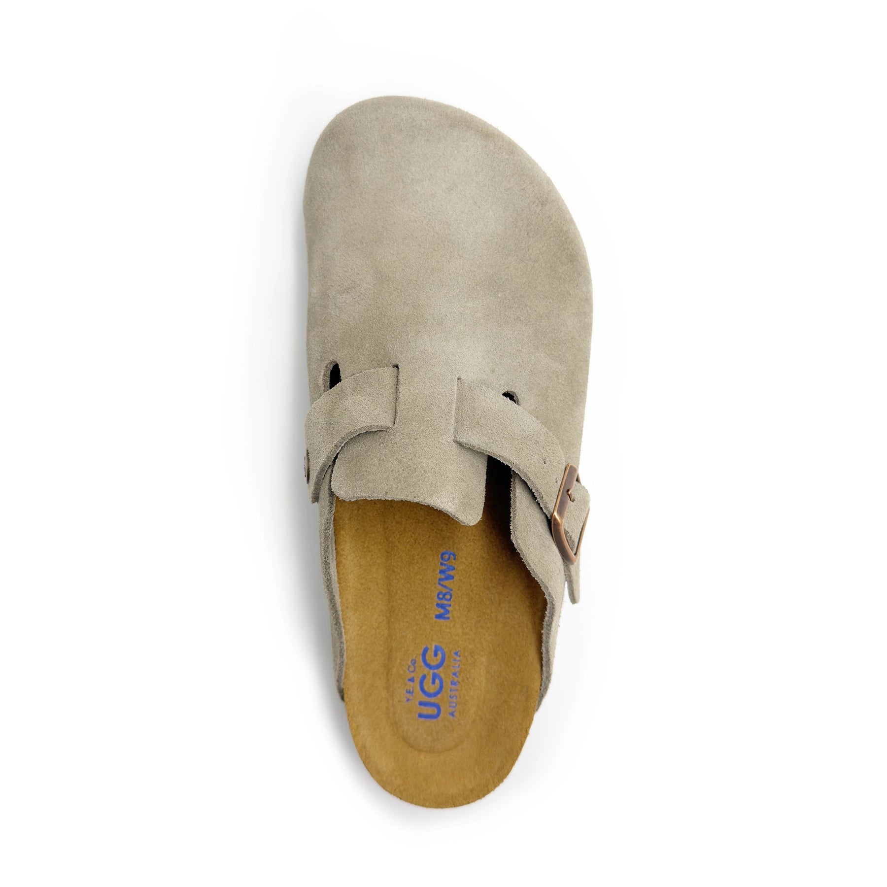 Beige suede clog with sheepskin lining, top-down view. - Yellow Earth Australia