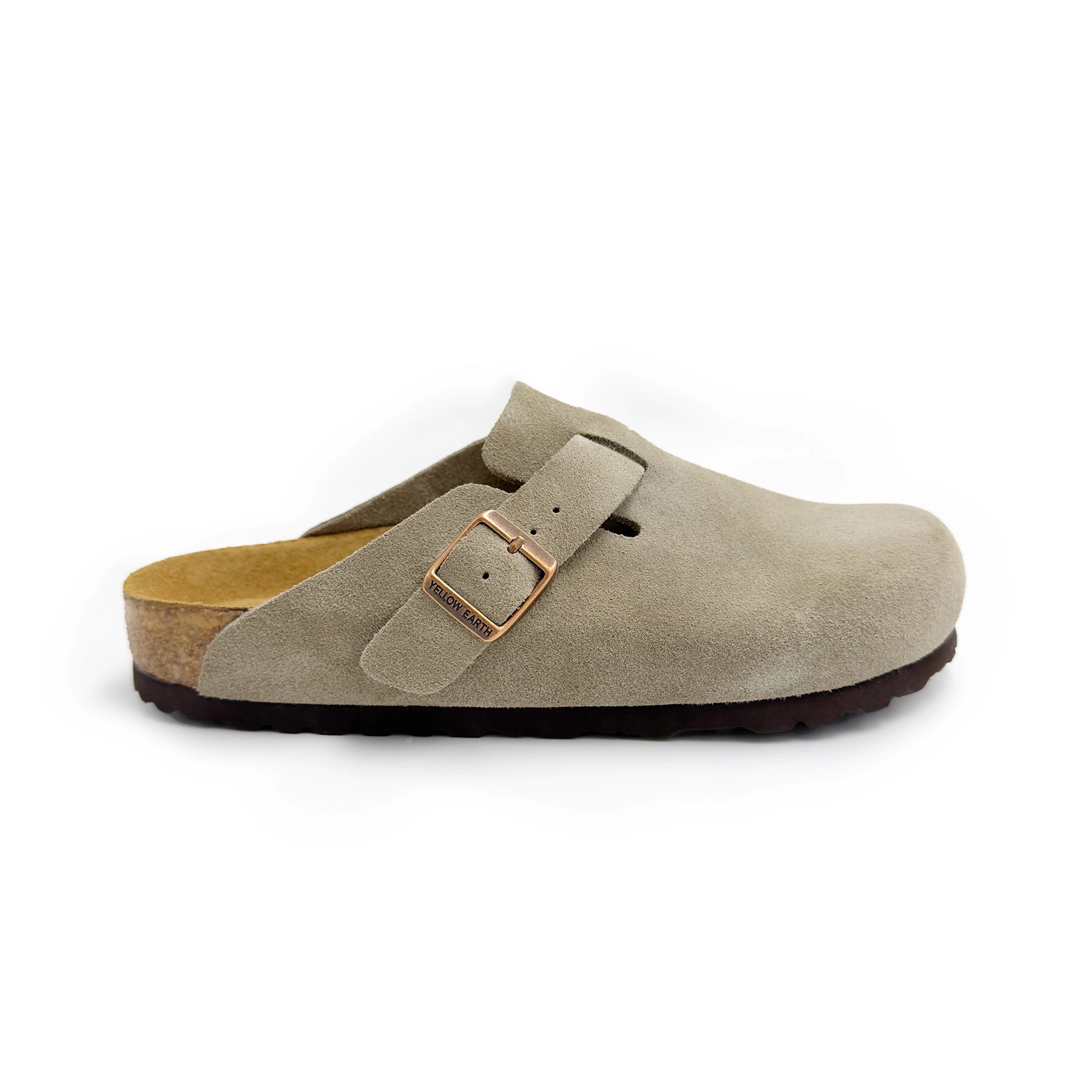 Beige suede clog mule with buckle detail and cork sole, side view. - Yellow Earth Australia