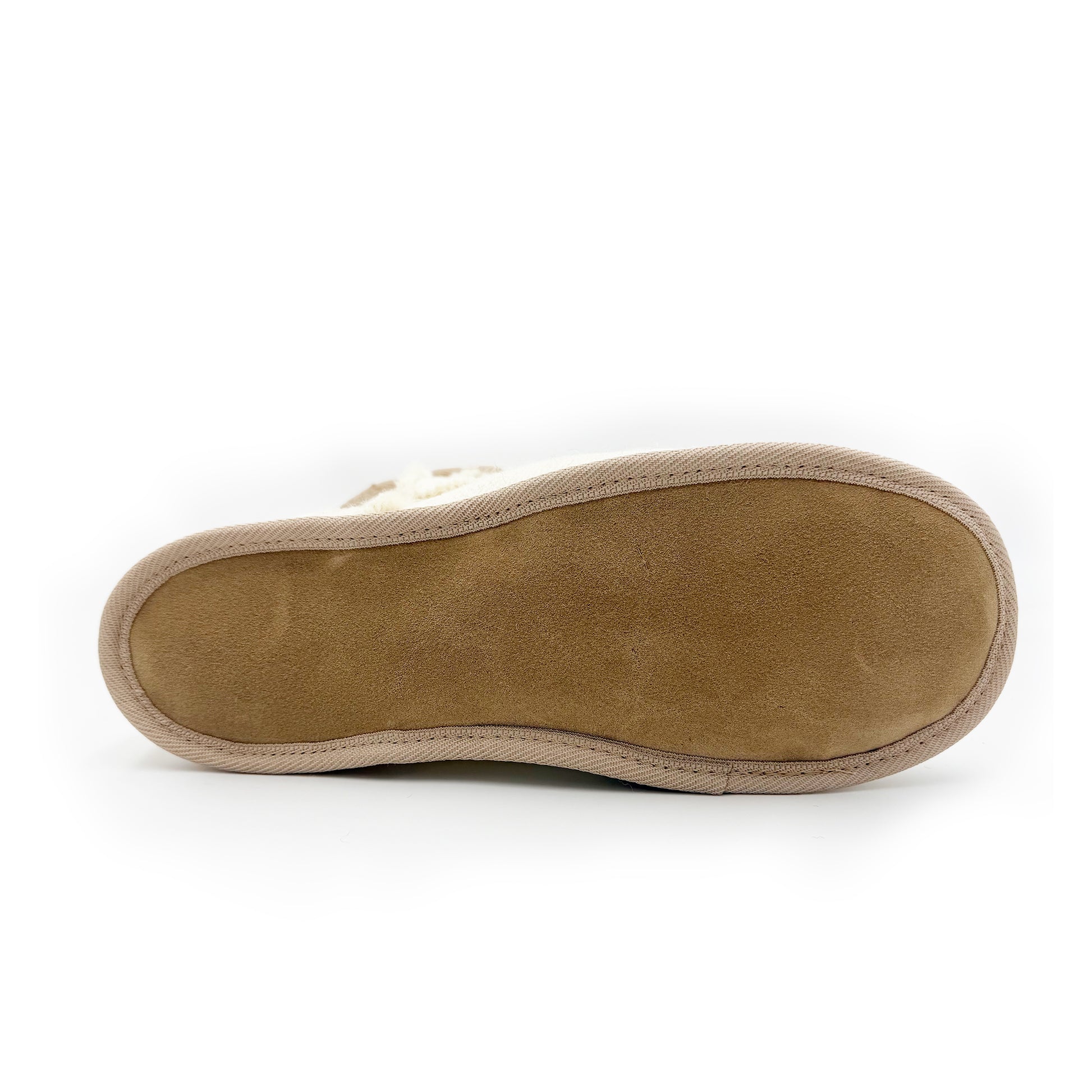 Sheepskin slipper sole showing tan suede lining and cream textile upper from above. - Yellow Earth Australia