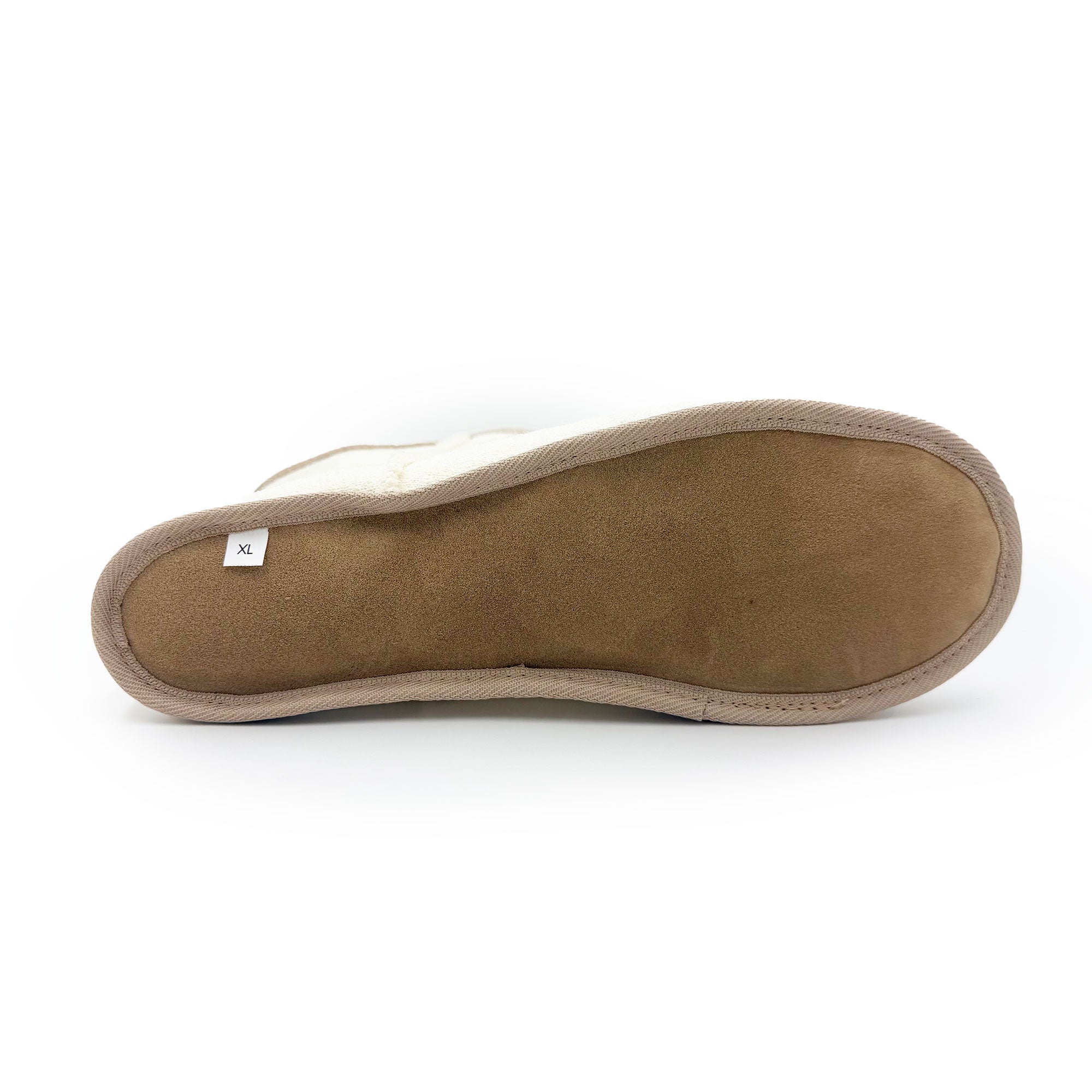 Tan suede sheepskin slipper sole with wool lining, bottom view. - Yellow Earth Australia