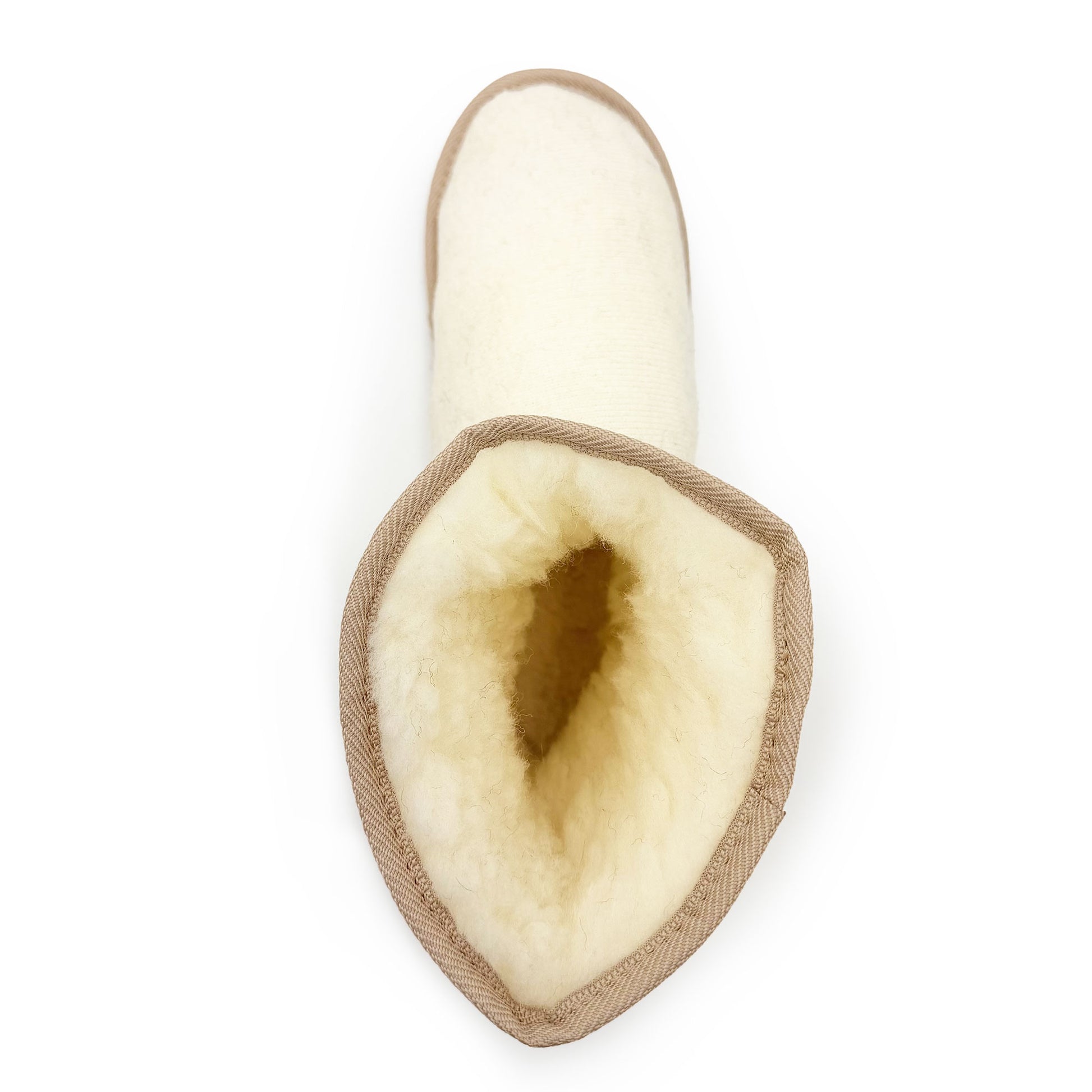 Cream sheepskin slipper with wool lining, top-down view showing interior. - Yellow Earth Australia