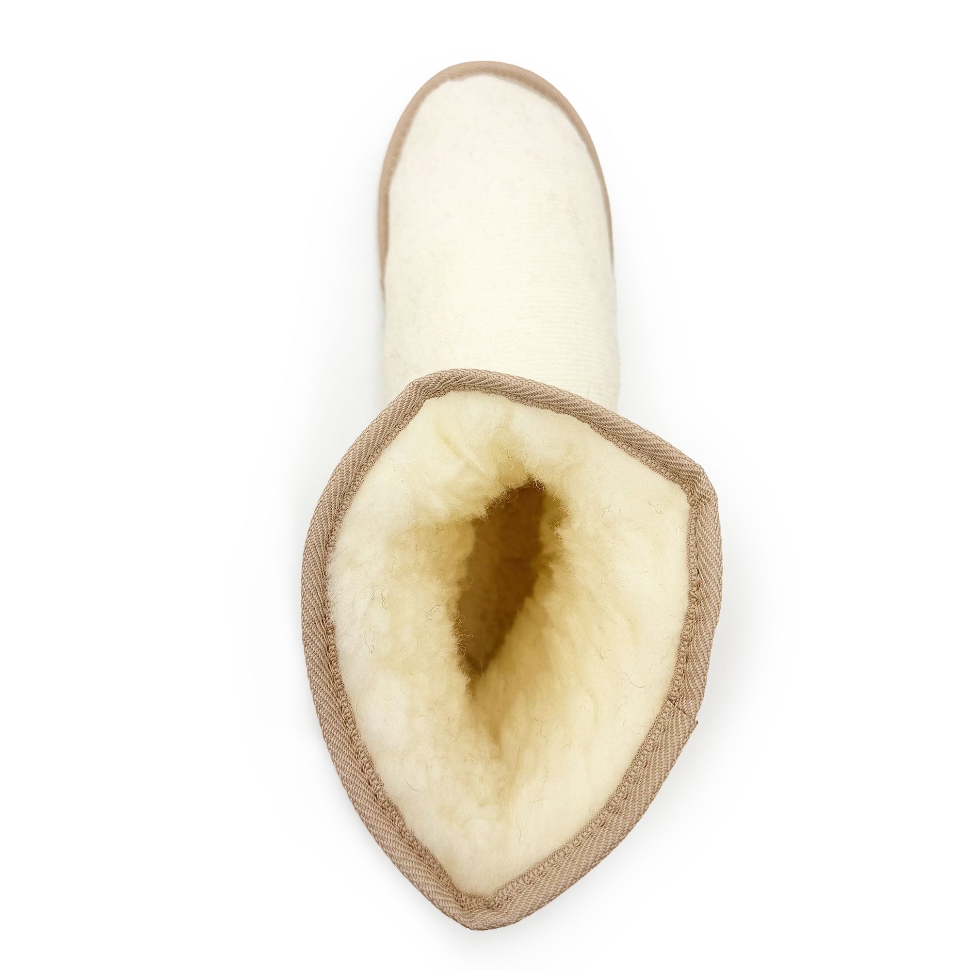 Cream sheepskin slipper with wool lining, top-down view showing interior. - Yellow Earth Australia