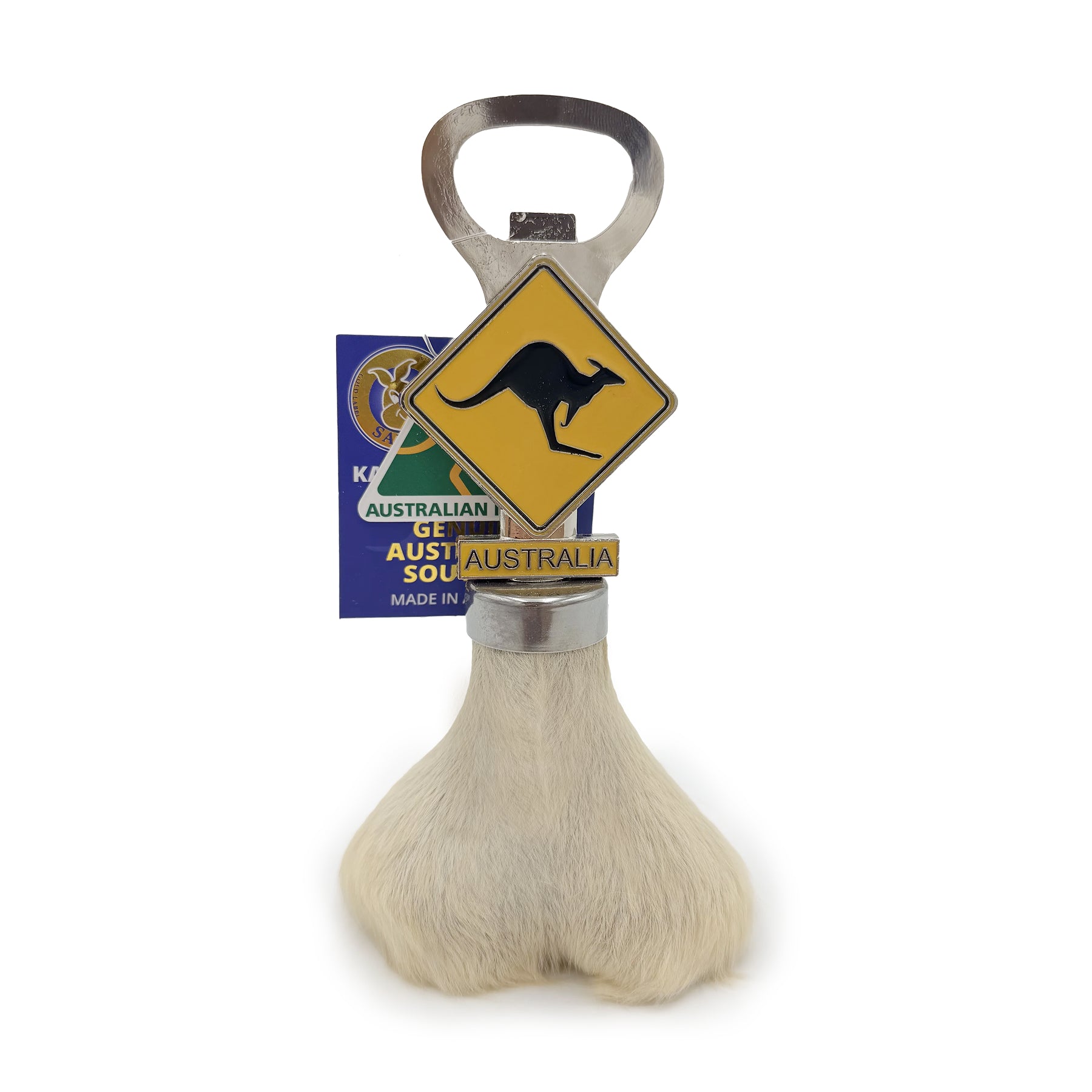 Cream sheepskin bottle opener with kangaroo warning sign design, front view. - Yellow Earth Australia