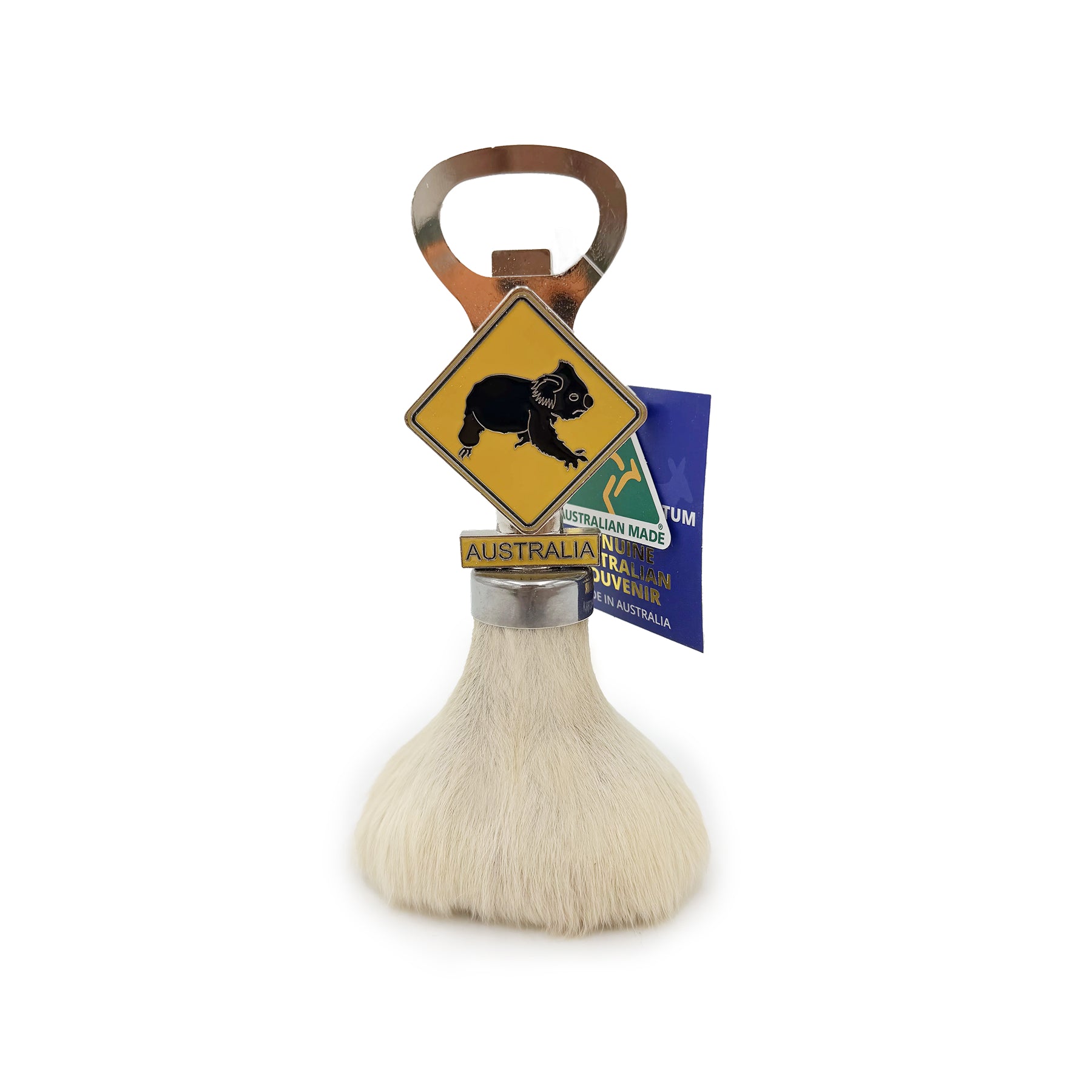 Bottle opener with wombat design, cream sheepskin wool brush, metal handle, front view. - Yellow Earth Australia