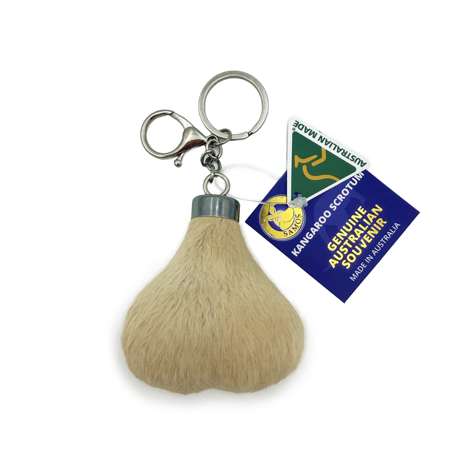 Cream sheepskin keychain with metal cap and dual key rings, front view. - Yellow Earth Australia