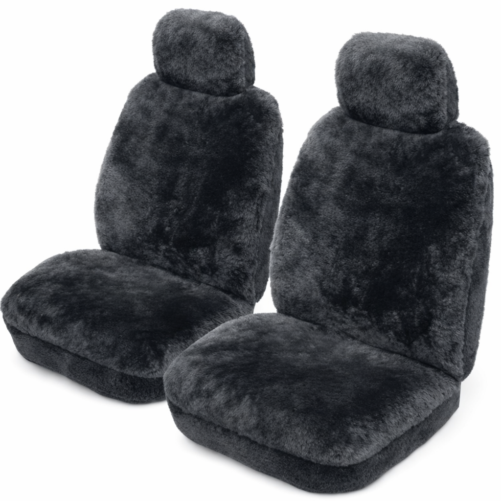 Charcoal grey sheepskin car seat covers with plush wool texture, front view. - Yellow Earth Australia