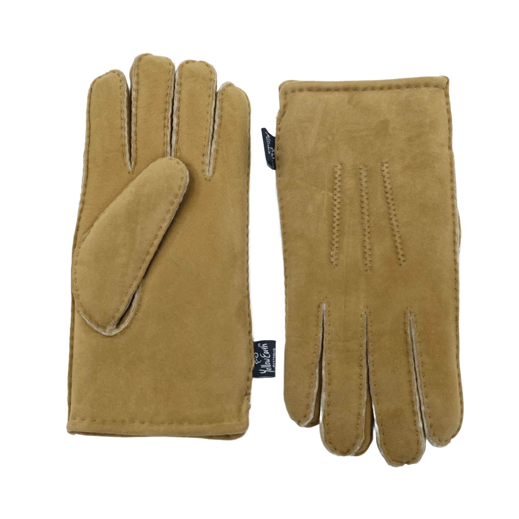 Camel suede sheepskin gloves displayed front and back view showing stitched details. - Yellow Earth Australia