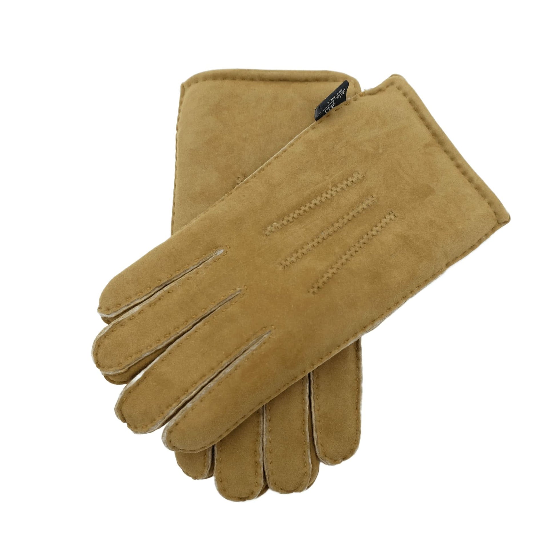 Camel suede sheepskin gloves with decorative stitching, displayed flat lay. - Yellow Earth Australia