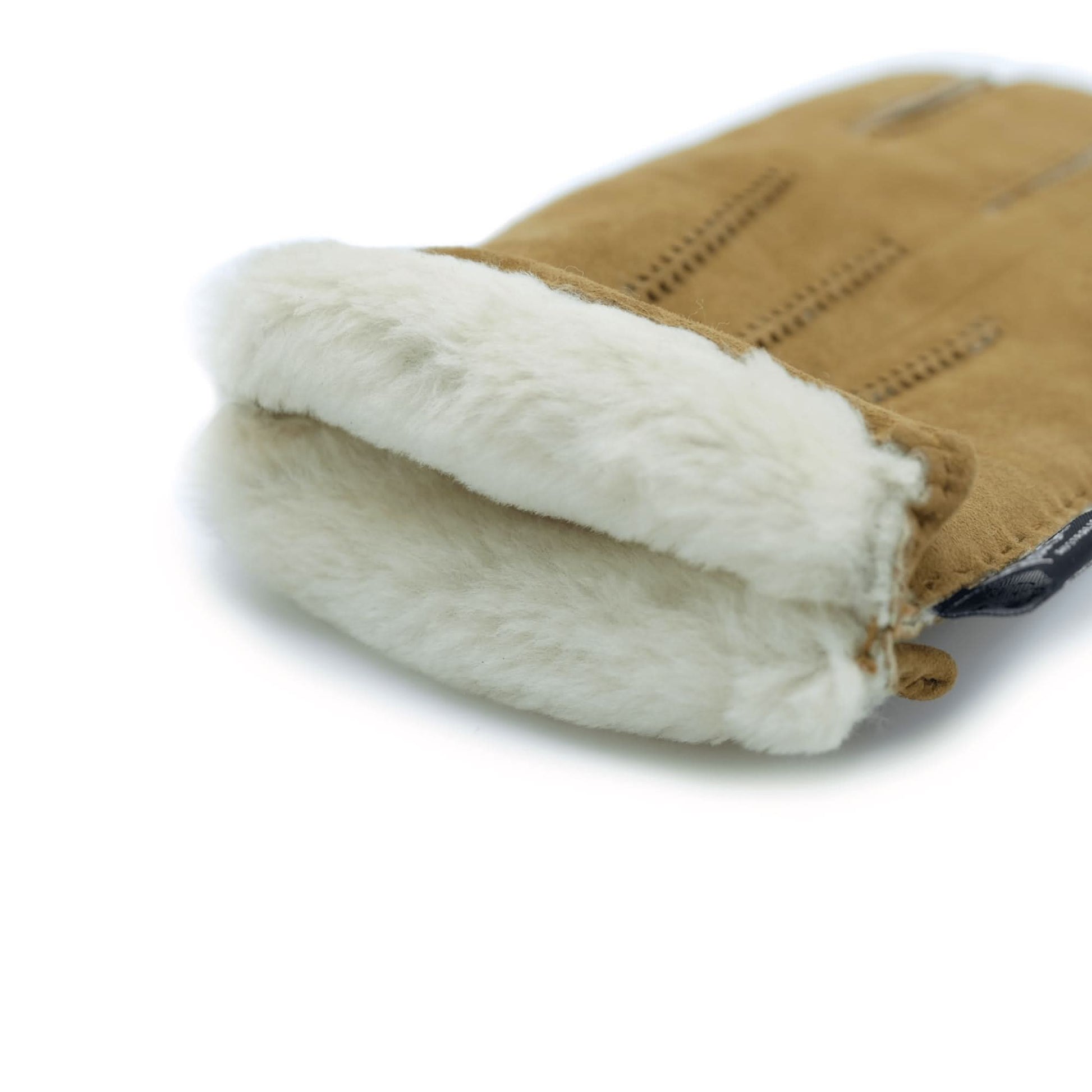 Tan suede boot with fluffy white sheepskin lining, side view. - Yellow Earth Australia