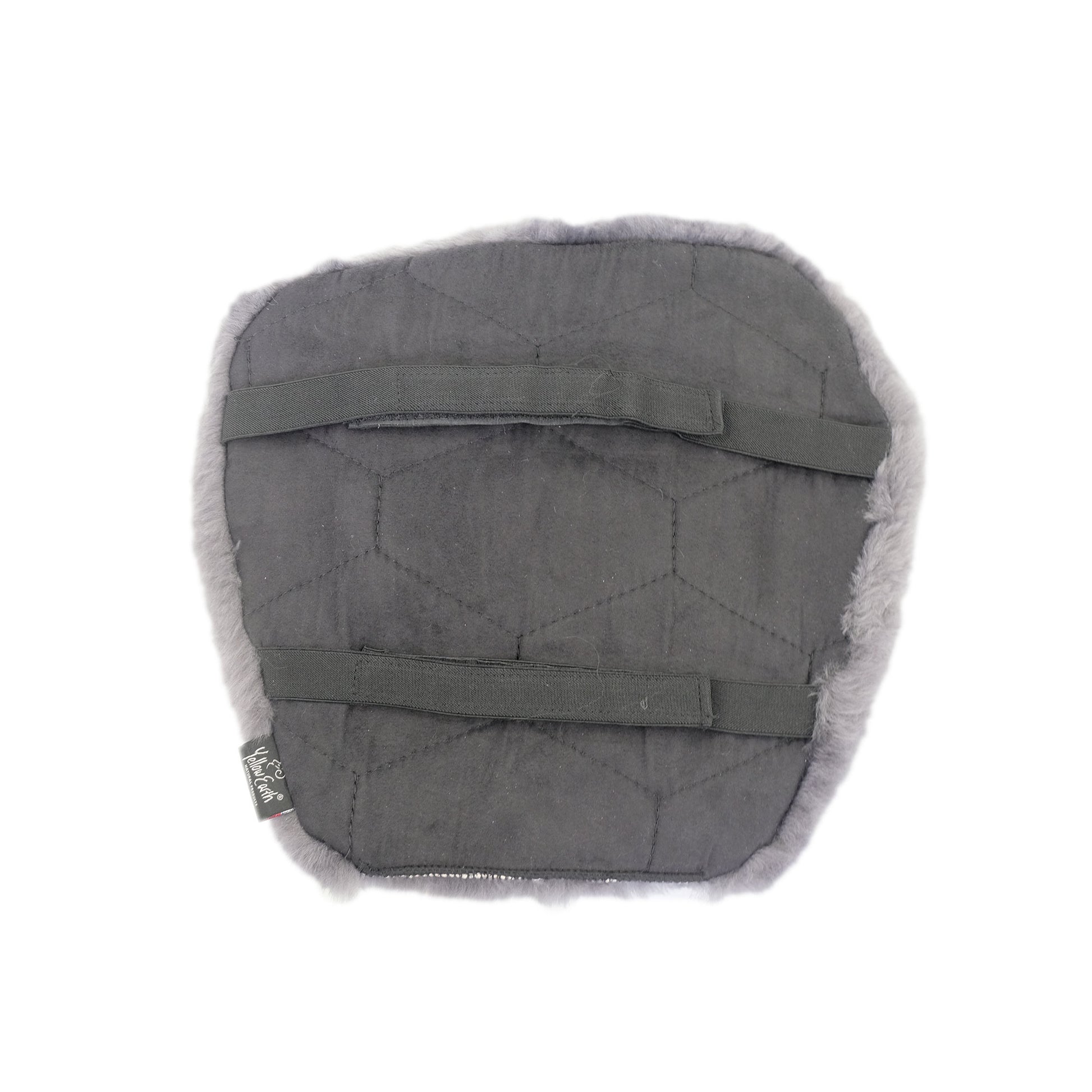 Grey sheepskin footmuff with quilted dark centre and fluffy wool edges, top view. - Yellow Earth Australia