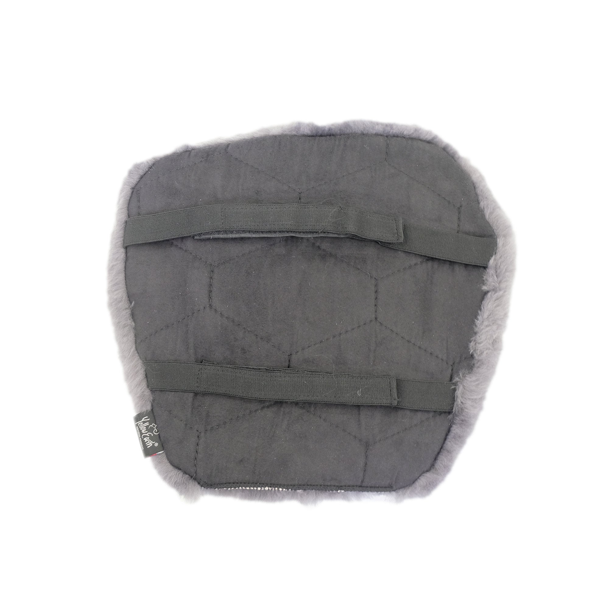 Grey sheepskin footmuff with quilted dark centre and fluffy wool edges, top view. - Yellow Earth Australia