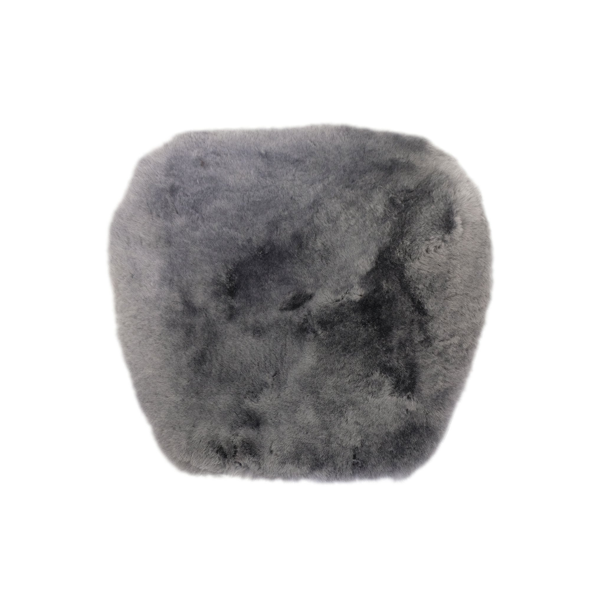 Grey sheepskin pouffe viewed from above showing soft wool texture and rounded shape. - Yellow Earth Australia
