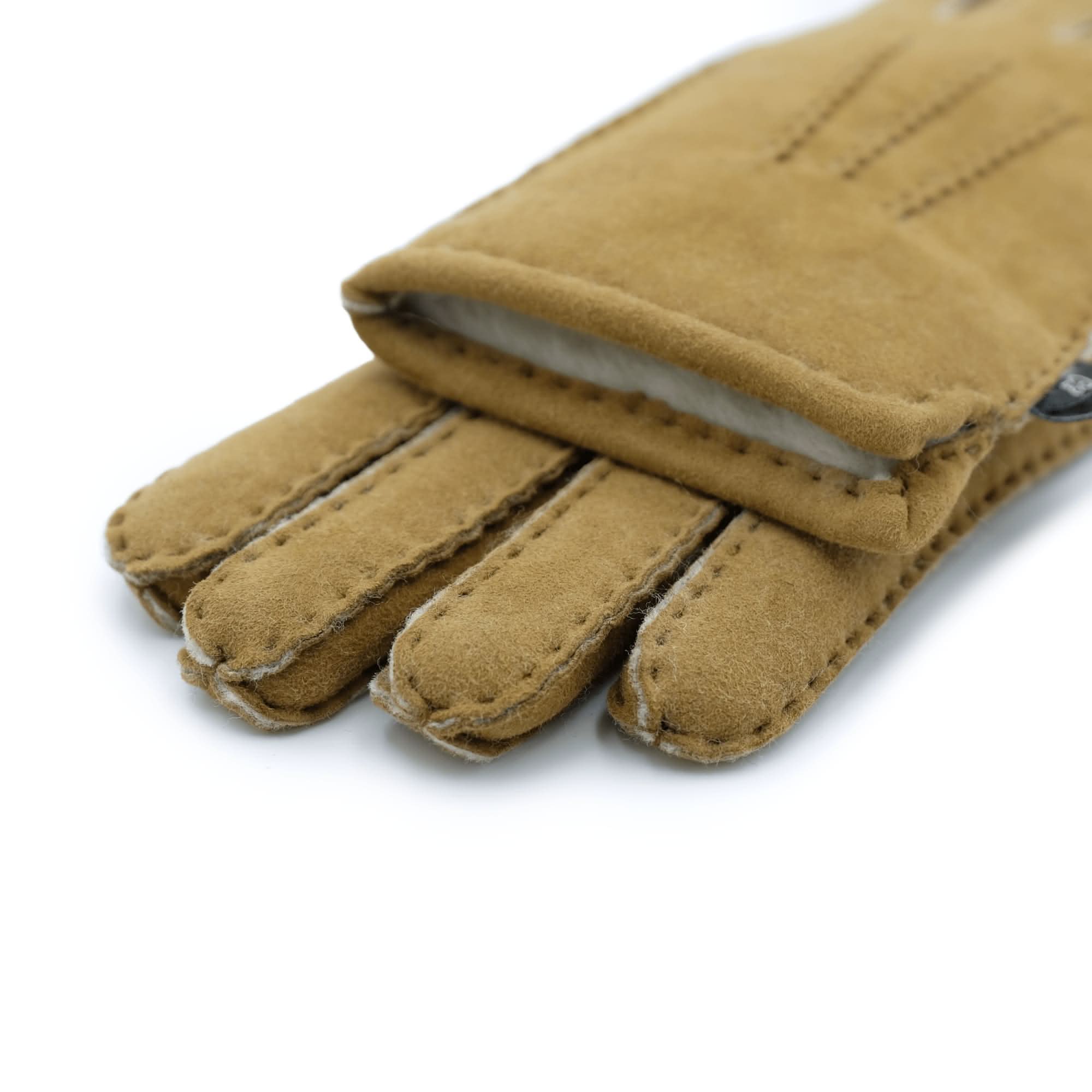 Tan suede sheepskin gloves showing finger detail and soft wool lining from above. - Yellow Earth Australia