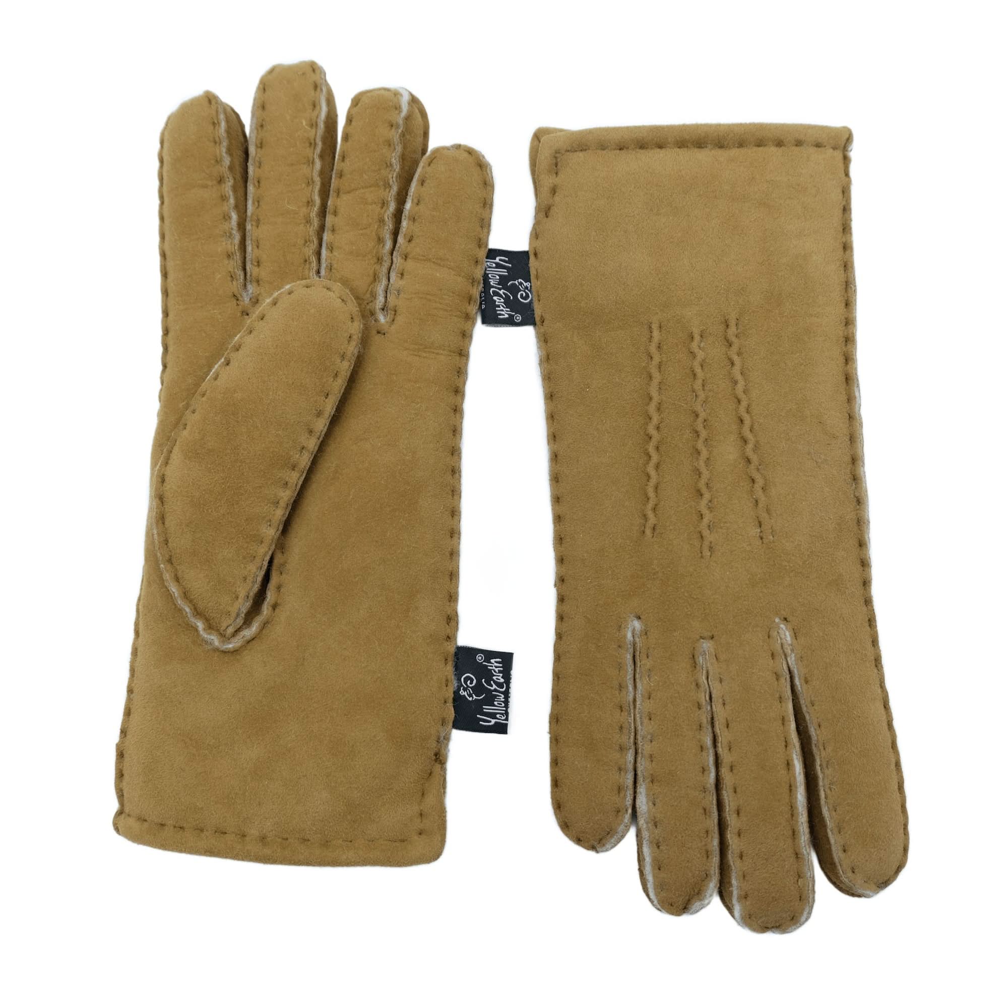 Tan sheepskin gloves shown front and back view with visible stitching detail. - Yellow Earth Australia