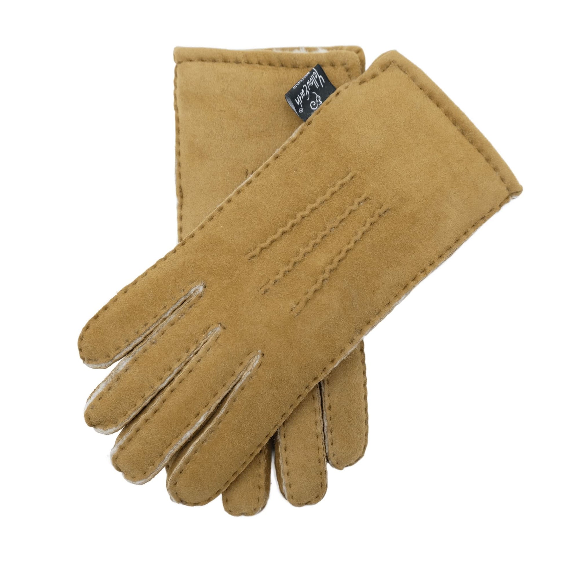 Camel sheepskin gloves with decorative stitching, displayed flat lay view. - Yellow Earth Australia
