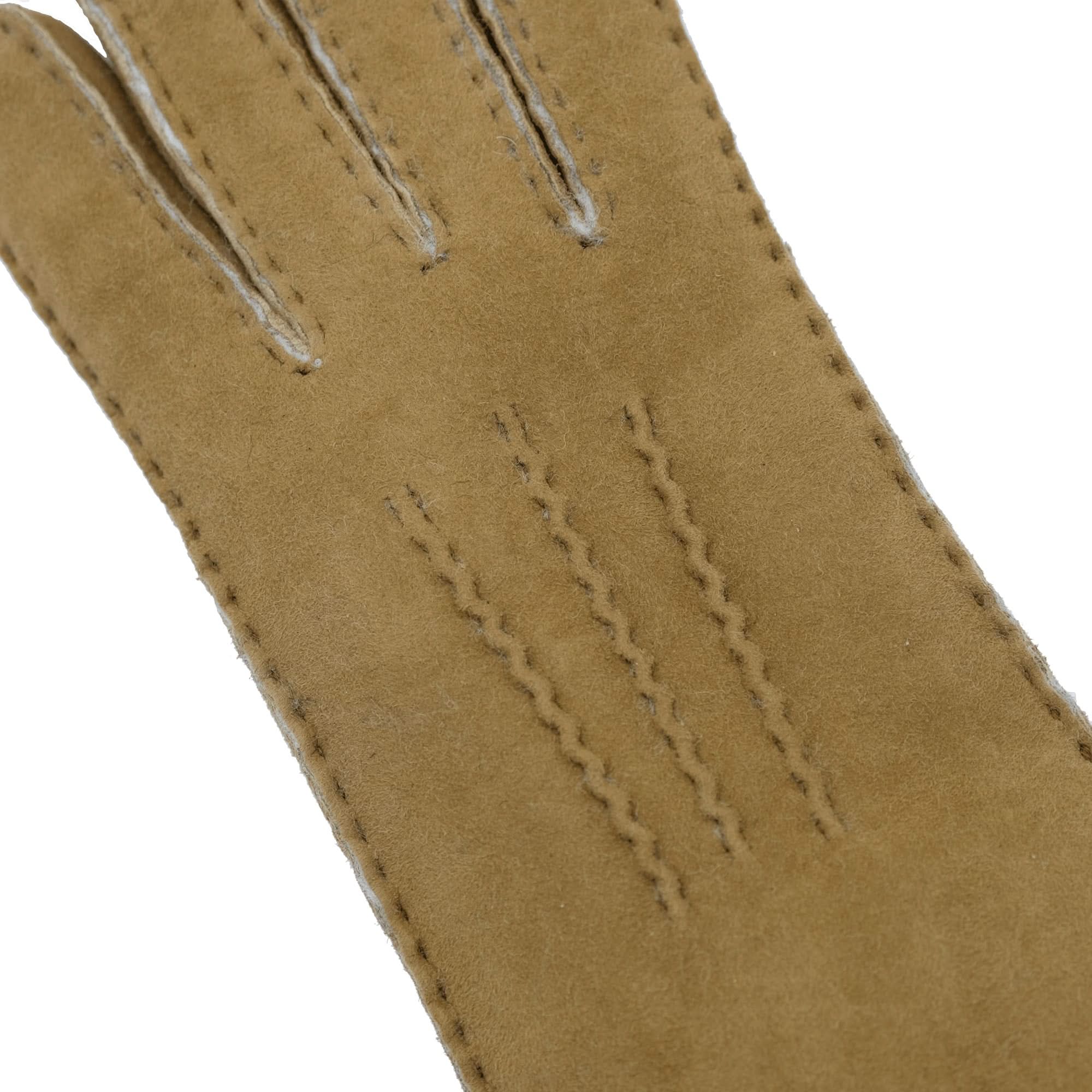 Tan sheepskin gloves with visible stitching detail, close-up side view. - Yellow Earth Australia