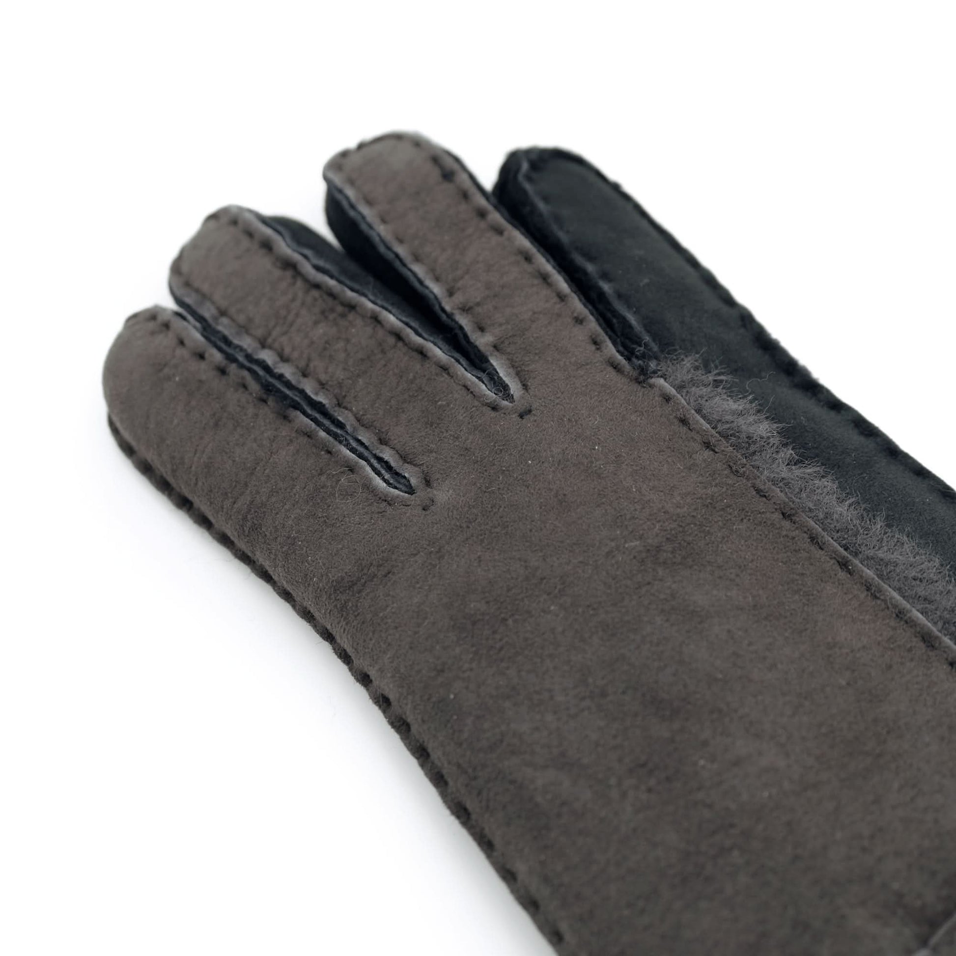 Charcoal grey sheepskin gloves showing finger detail and soft wool texture. - Yellow Earth Australia