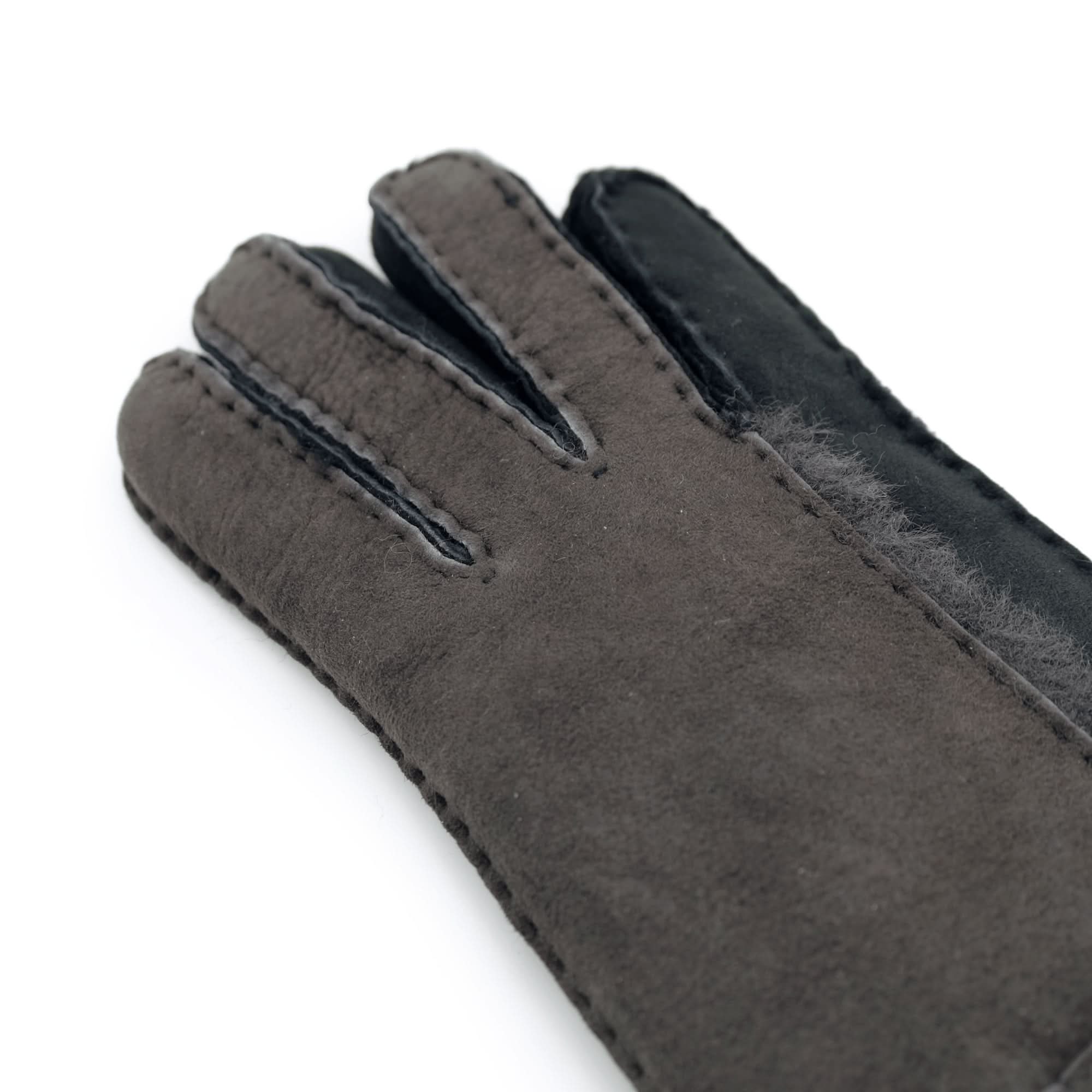 Charcoal grey sheepskin gloves showing finger detail and soft wool texture. - Yellow Earth Australia