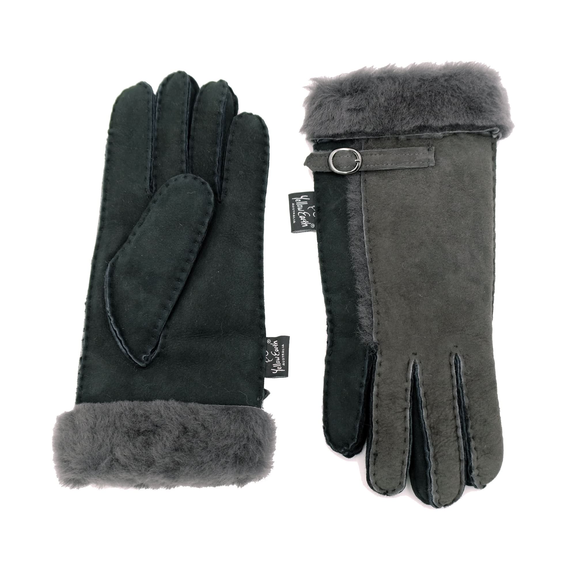 Black sheepskin gloves with grey fur trim, front and back view. - Yellow Earth Australia