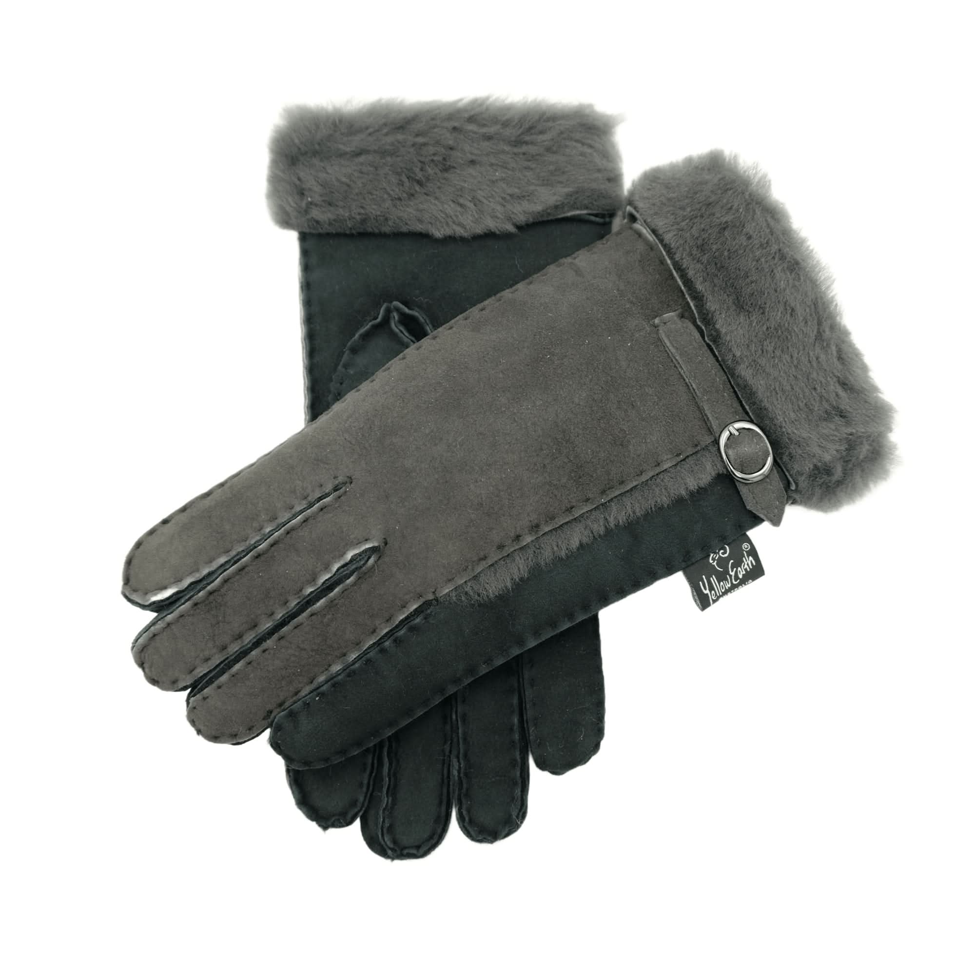 Grey suede gloves with sheepskin fur cuff, displayed flat lay view. - Yellow Earth Australia