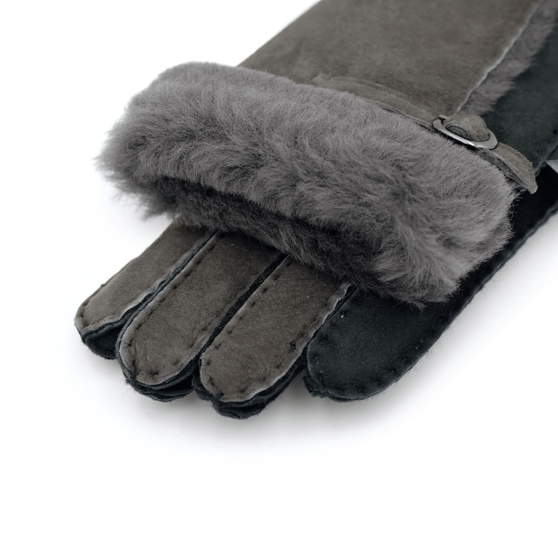 Grey sheepskin gloves with fur cuff detail, front view on white background. - Yellow Earth Australia