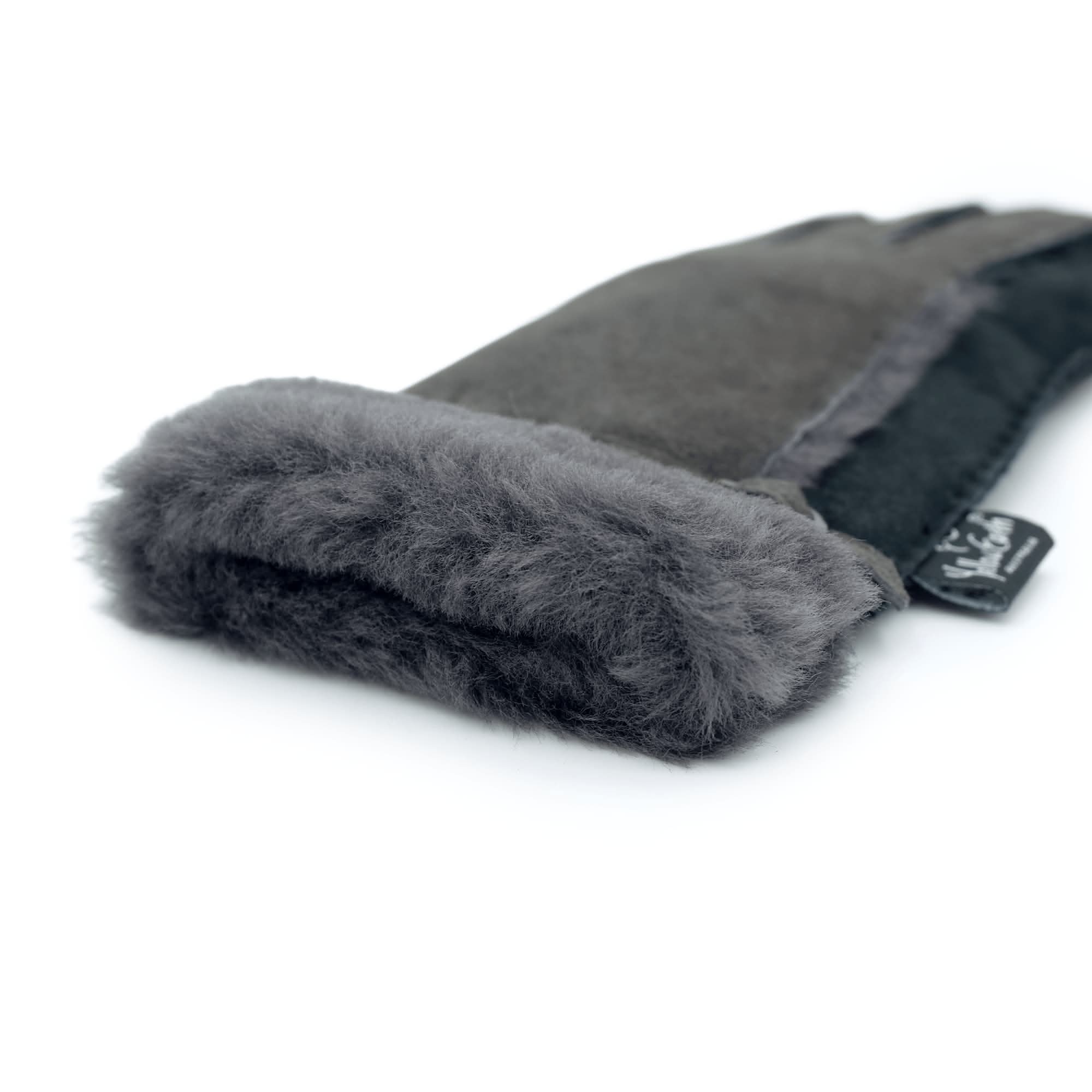 Grey sheepskin mittens with soft wool lining, front view on white background. - Yellow Earth Australia