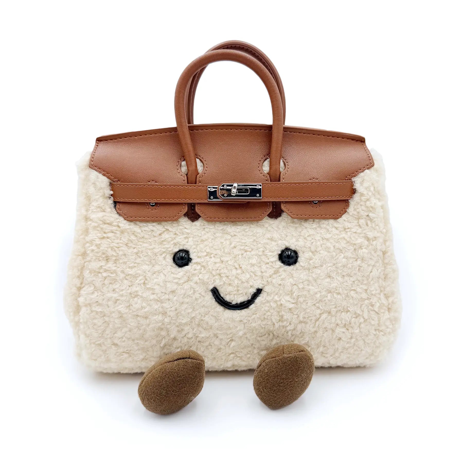Cream sheepskin handbag with brown leather handles and cute smiling face, front view. - Yellow Earth Australia