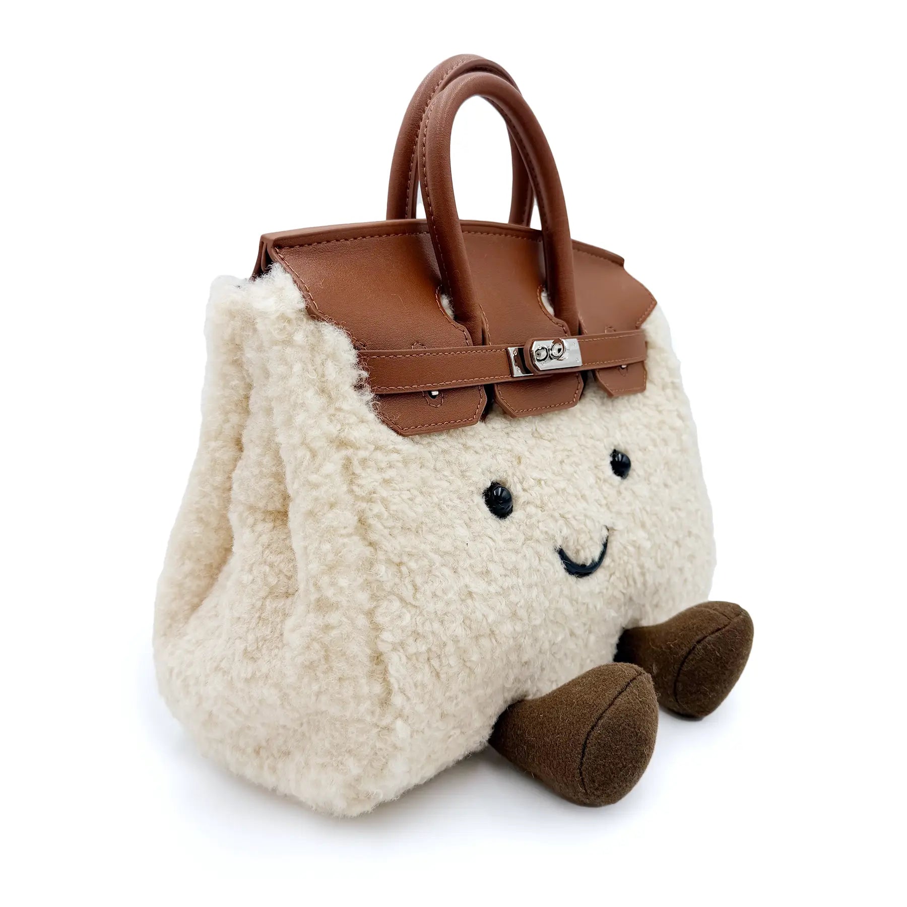 Cream sheepskin handbag with brown leather handles and cute embroidered face. - Yellow Earth Australia