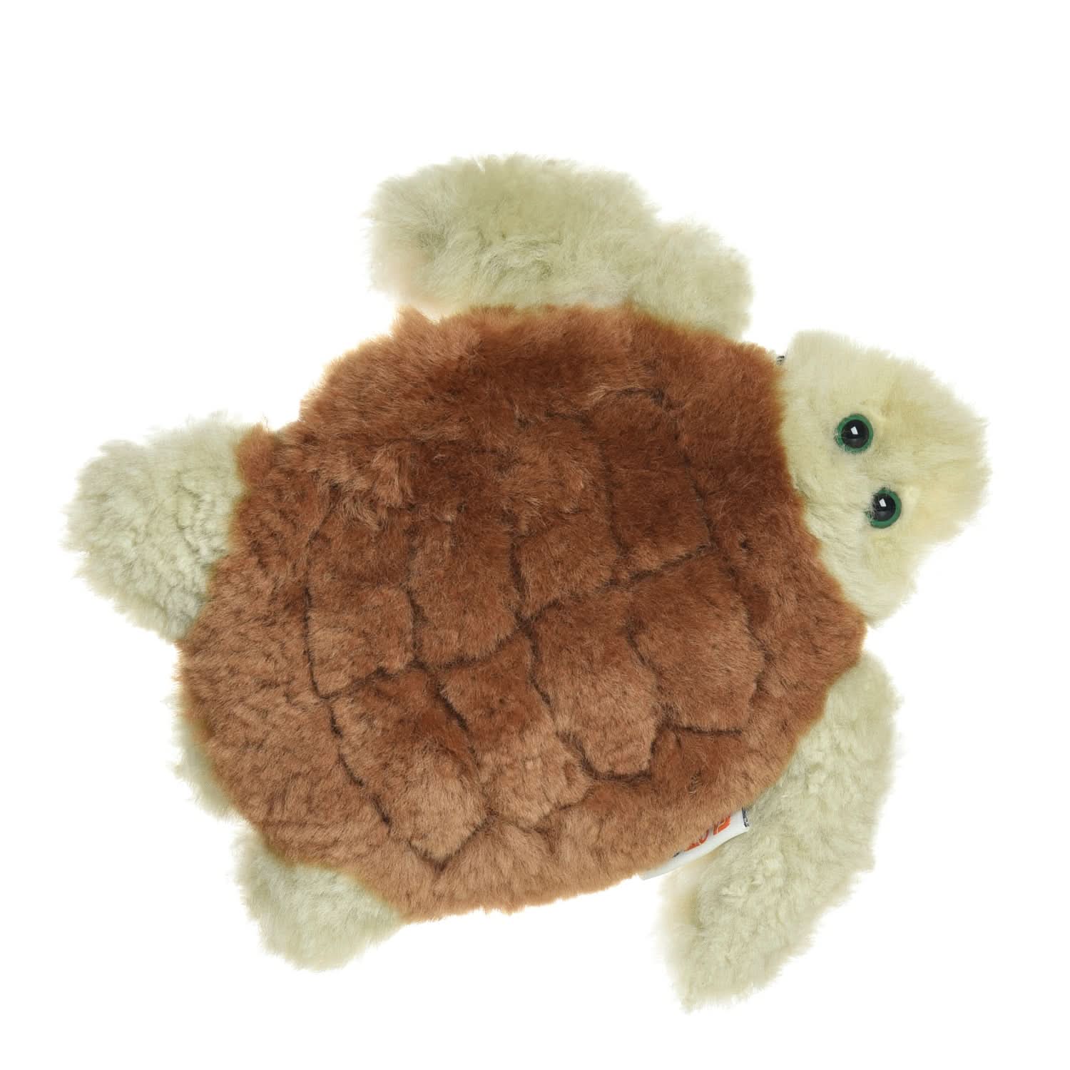 Soft plush turtle toy with cream and brown sheepskin wool, top-down view. - Yellow Earth Australia