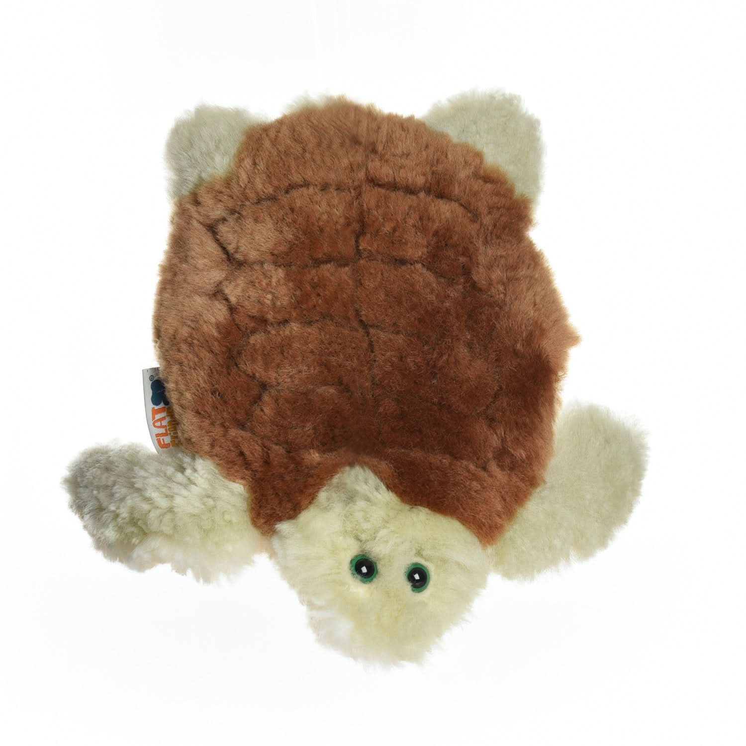 Soft sheepskin teddy bear with brown wool back and cream fur face, viewed from above. - Yellow Earth Australia