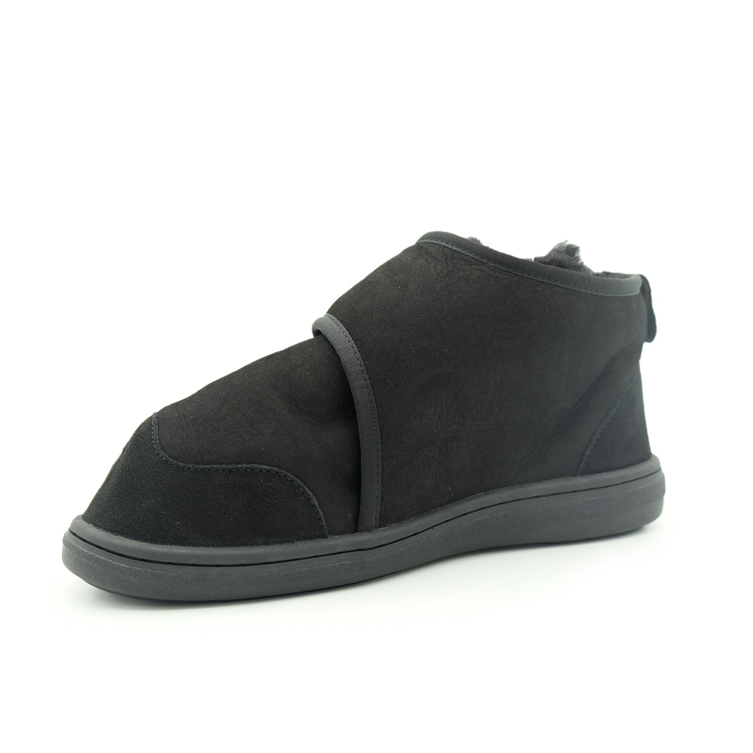 Black suede sheepskin ankle boot with fleece lining, side view. - Yellow Earth Australia