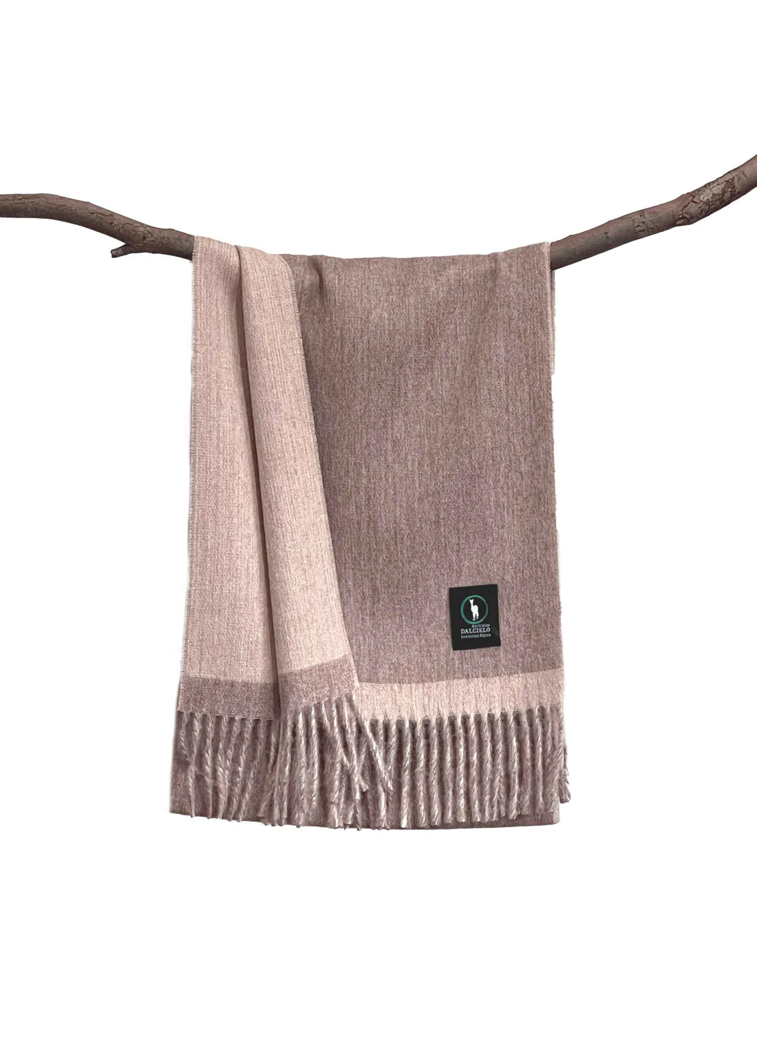 Taupe wool throw blanket with fringe draped over branch, close-up front view. - Yellow Earth Australia